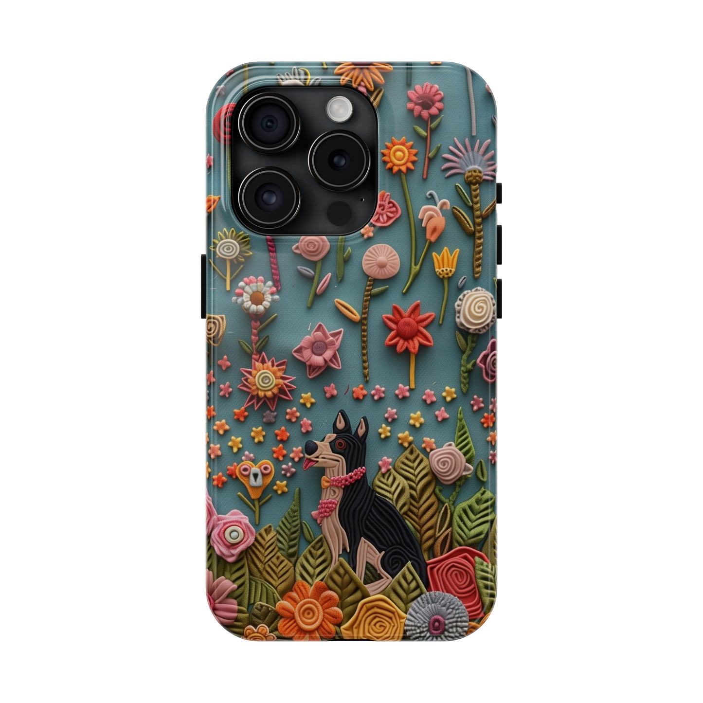 Dog and Flowers 3D Embroidered Design Dog iPhone Case - Tough Case - Pets on Merch