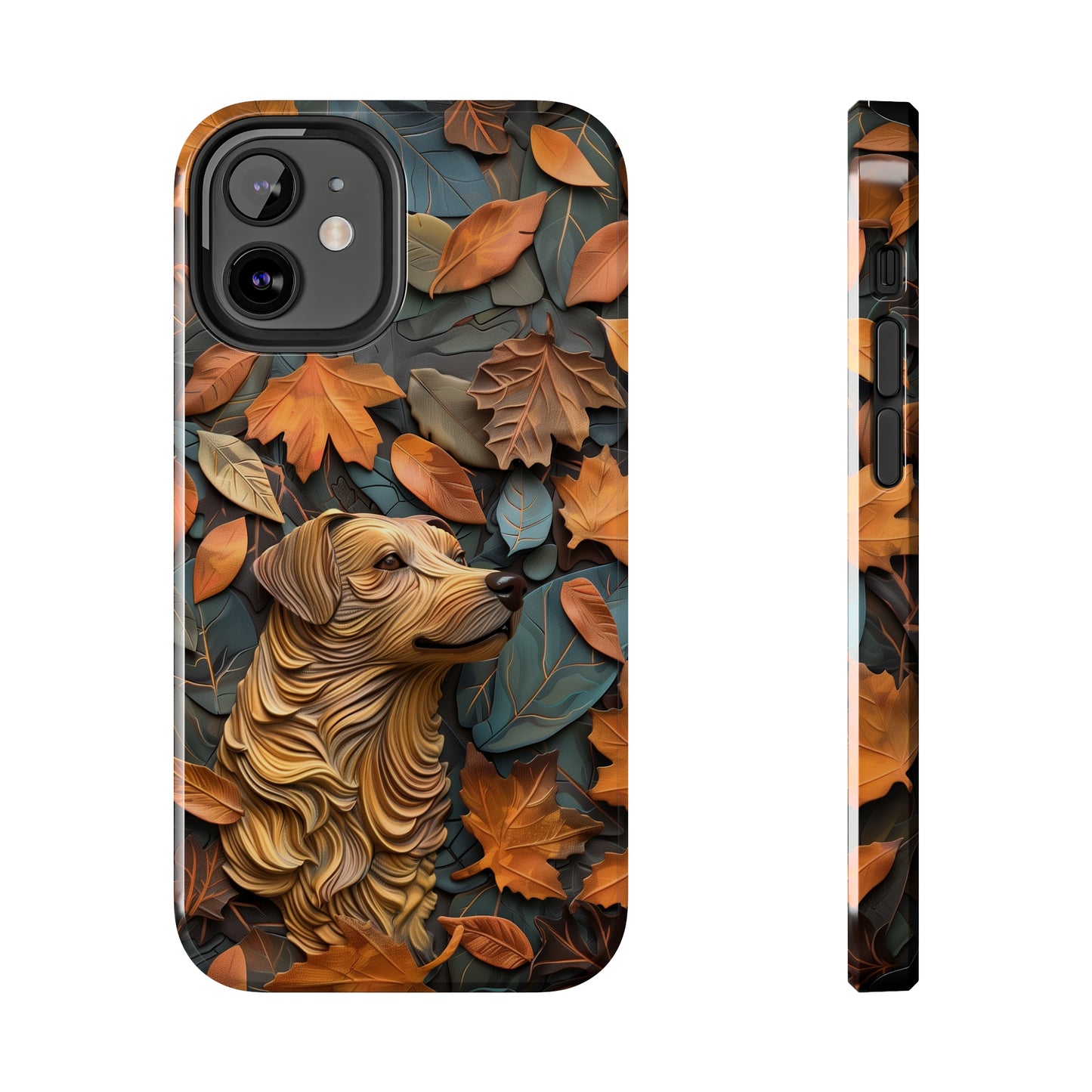 Dog and Autumn Leaves Wood Carving Design Dog iPhone Case - Tough Case - Pets on Merch