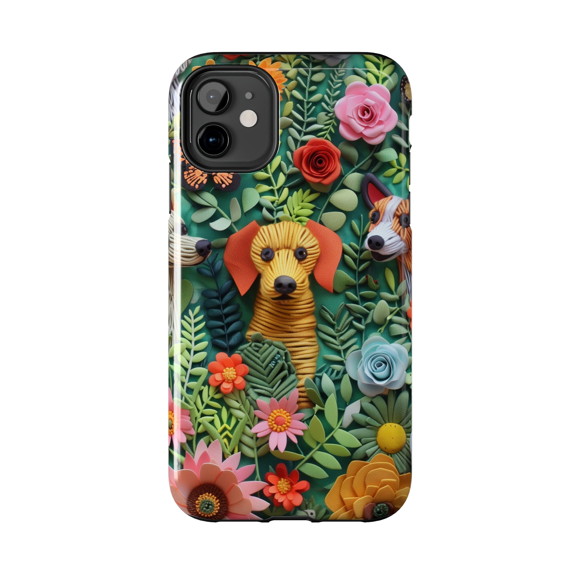 Dogs and Flowers Embroidered Fabric 3D Design Dog iPhone Case - Tough Case - Pets on Merch