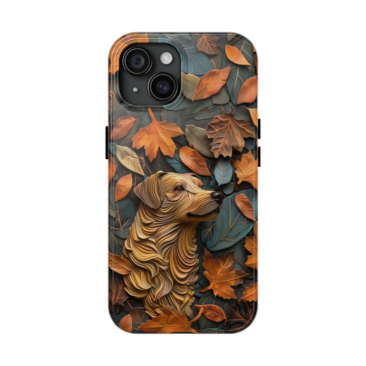 Colorful Phone Case for Dog Lovers Dog and Autumn Leaves Wood Carving Design Dog iPhone Case - Tough Case - Pets on Merch