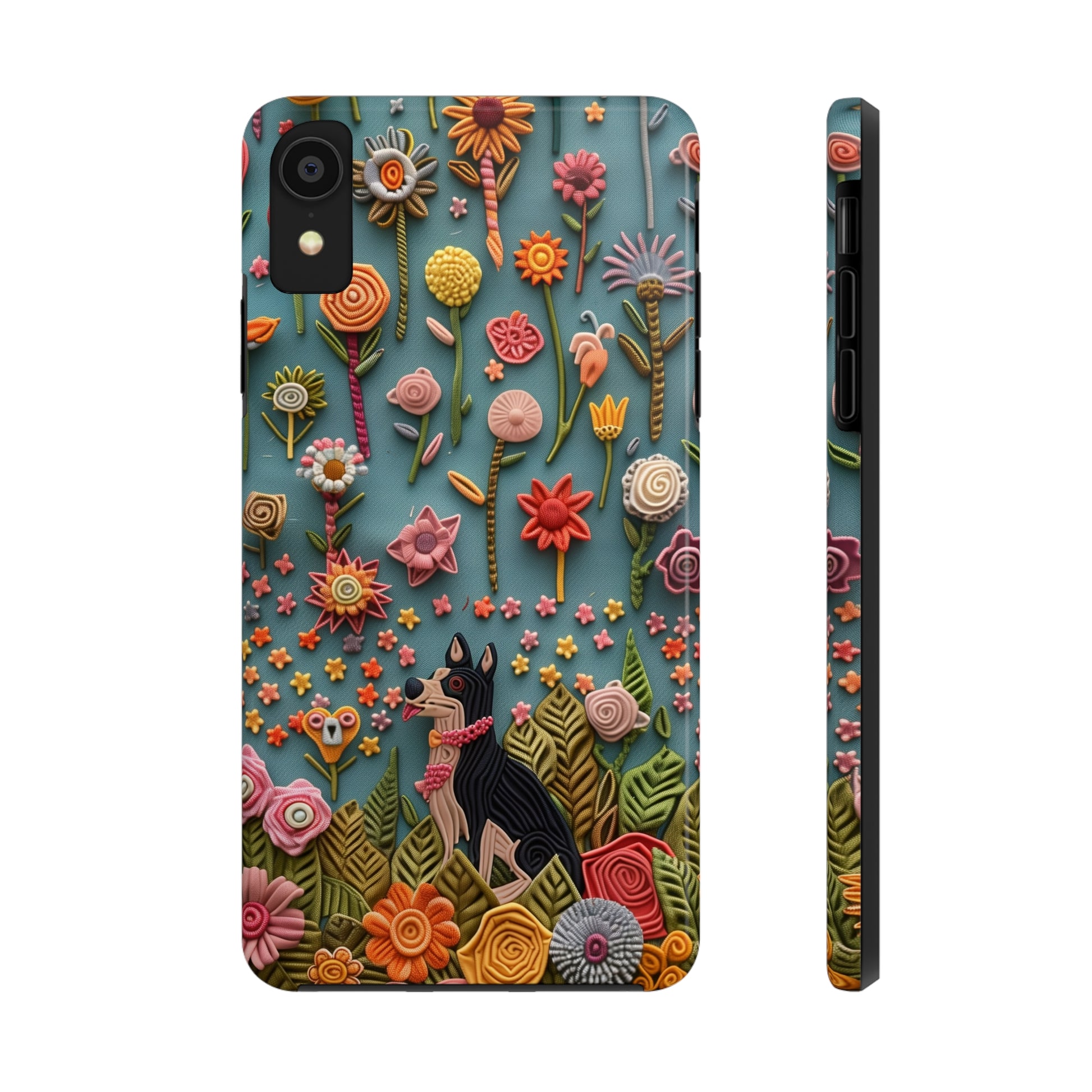 Dog and Flowers 3D Embroidered Design Dog iPhone Case - Tough Case - Pets on Merch