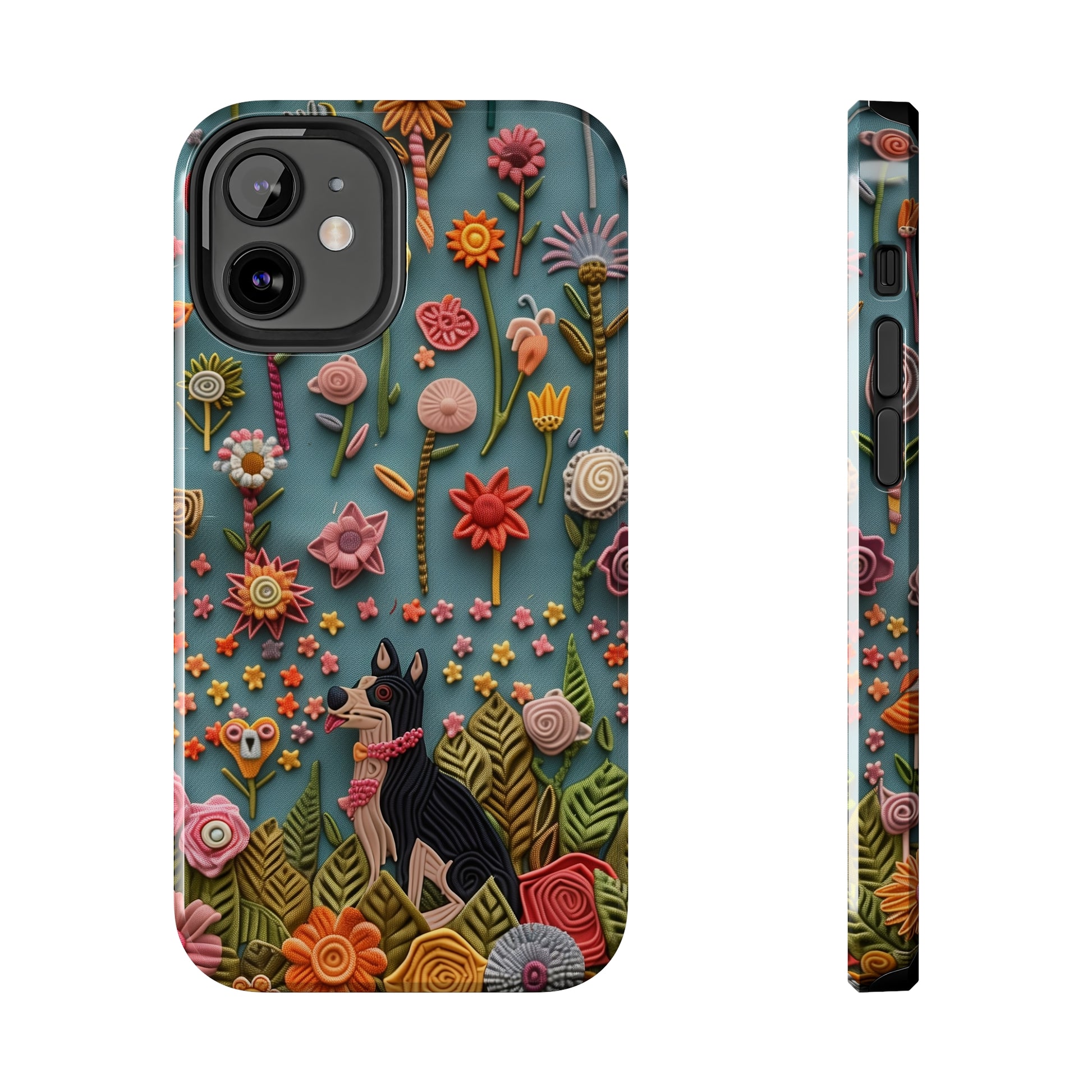 Dog and Flowers 3D Embroidered Design Dog iPhone Case - Tough Case - Pets on Merch