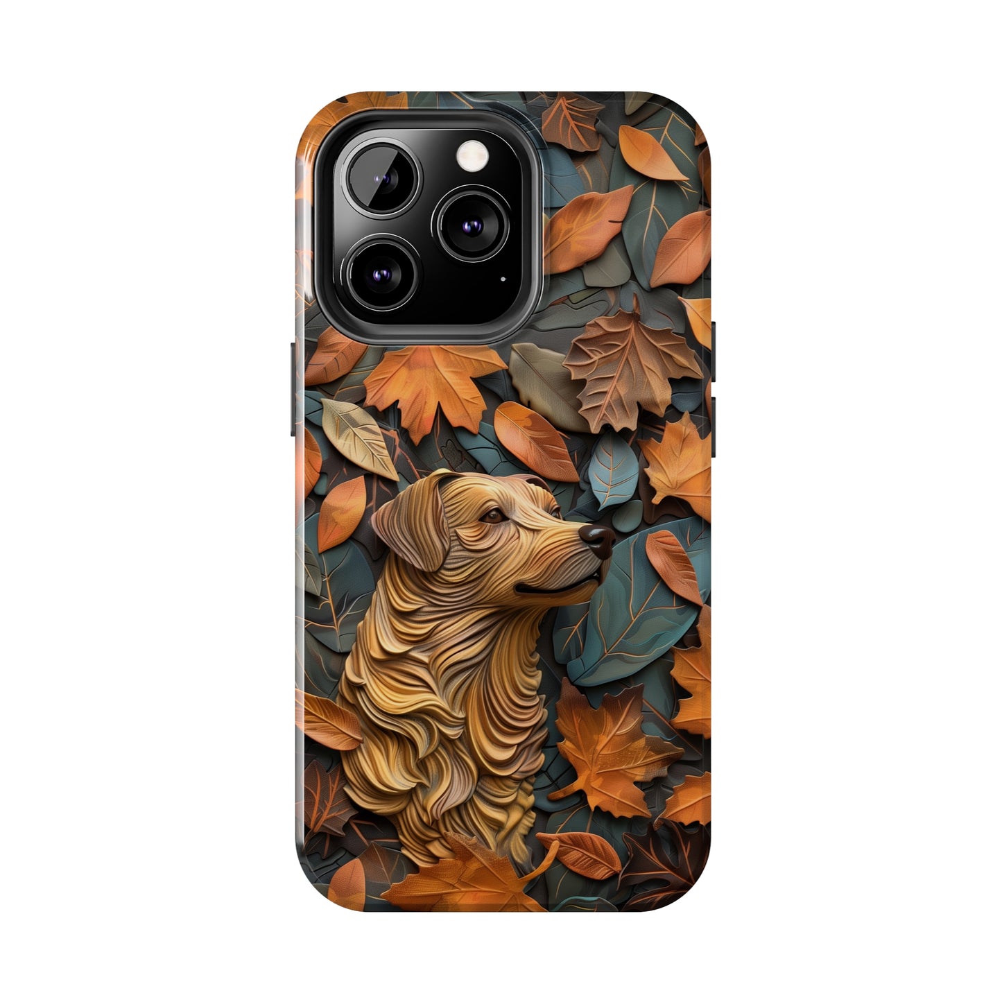 Dog and Autumn Leaves Wood Carving Design Dog iPhone Case - Tough Case - Pets on Merch dog-themed phone cases. Shop now for high-quality cases that combine style and protection. Unique 3d art graphic Pet phone case. Tough case for iPhone 15 14 13 11 12 x se xs sr 8 7 pro plus max mini. Durable 2-piece design