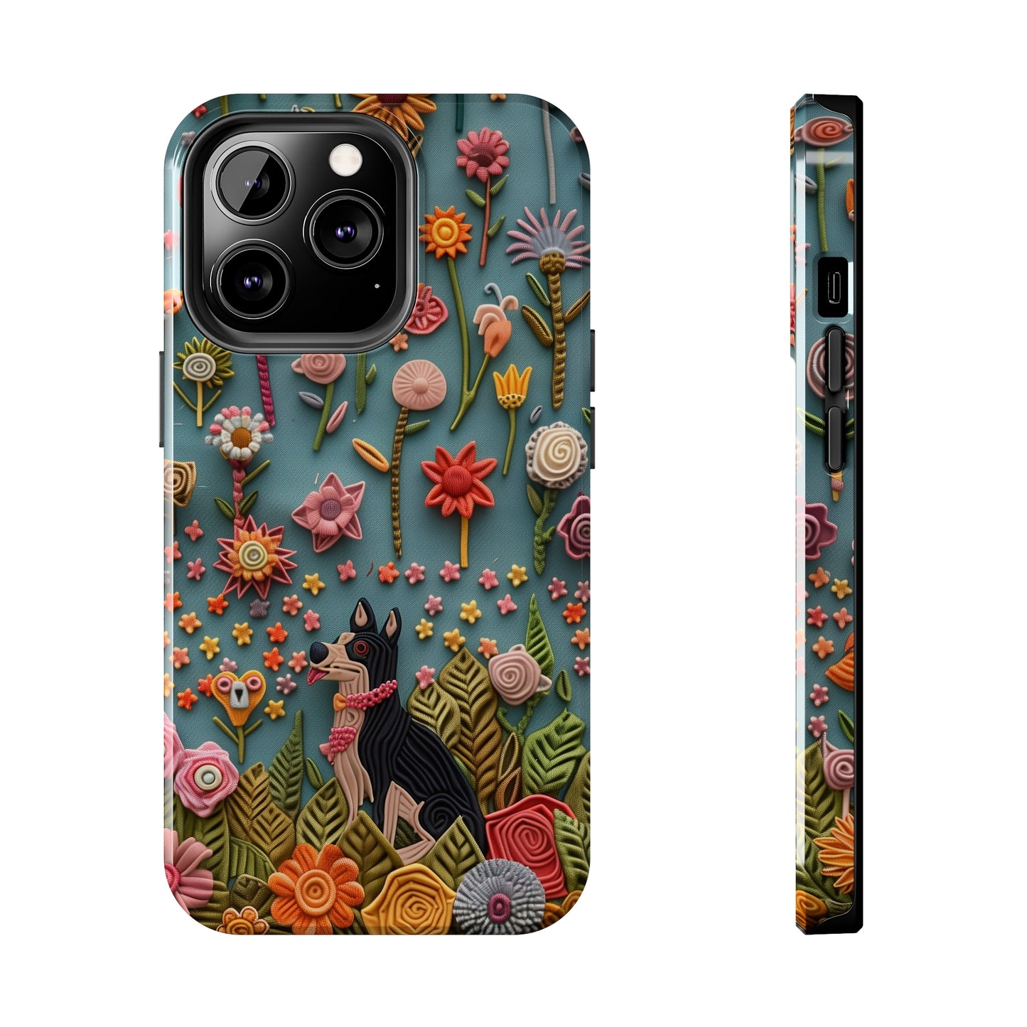 Dog and Flowers 3D Embroidered Design Dog iPhone Case - Tough Case - Pets on Merch