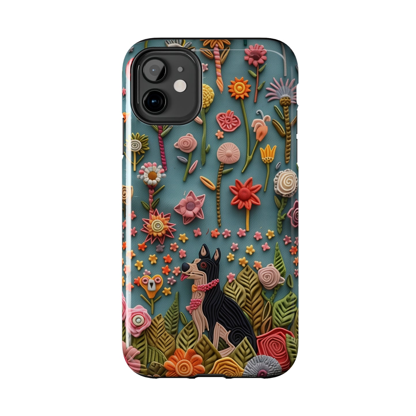 Dog and Flowers 3D Embroidered Design Dog iPhone Case - Tough Case - Pets on Merch