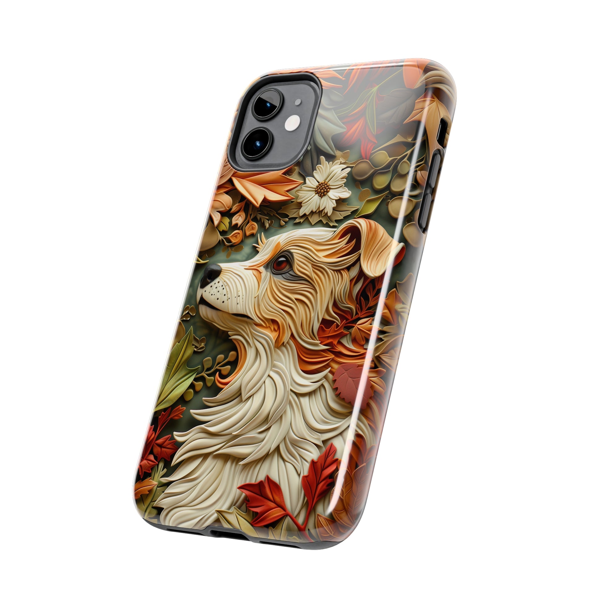 Dog and Leaves Wood Carving Design Dog iPhone Case - Tough Case - Pets on Merch