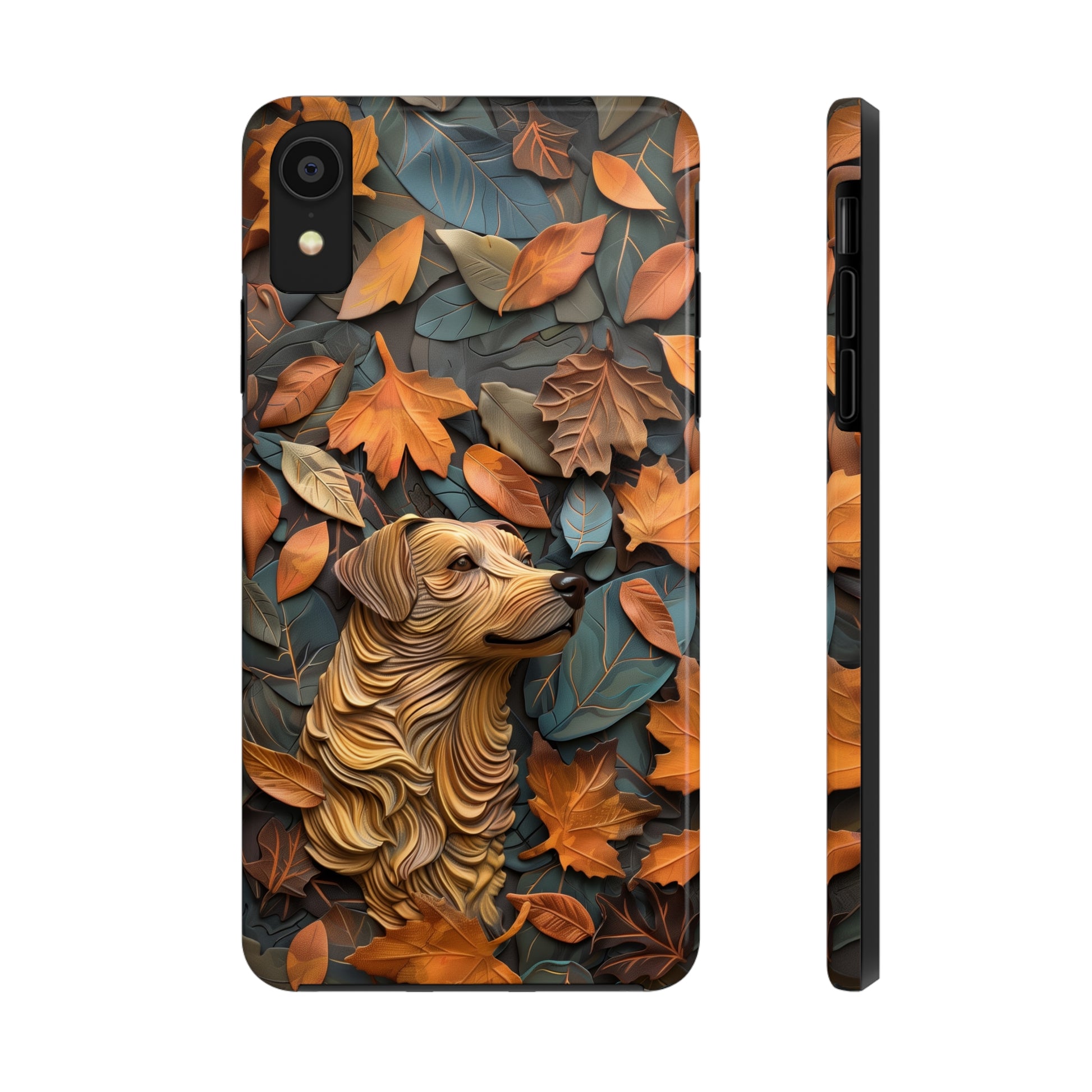 Dog and Autumn Leaves Wood Carving Design Dog iPhone Case - Tough Case - Pets on Merch