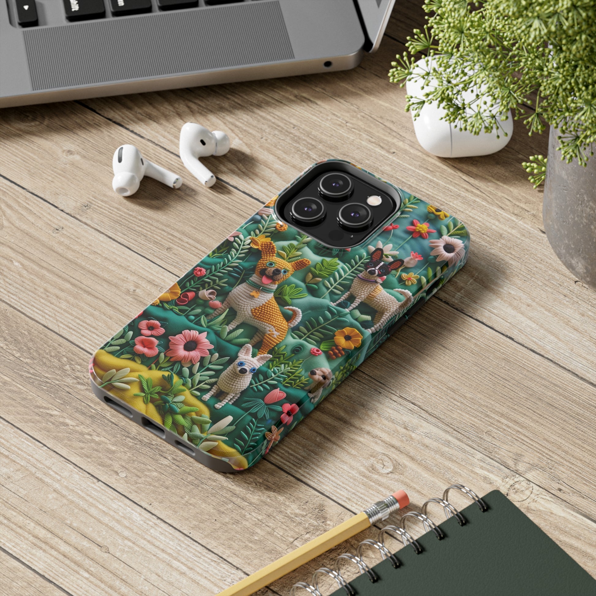 Dogs and Flowers 3D Yarn and Thread Design Dog iPhone Case - Tough Case - Pets on Merch