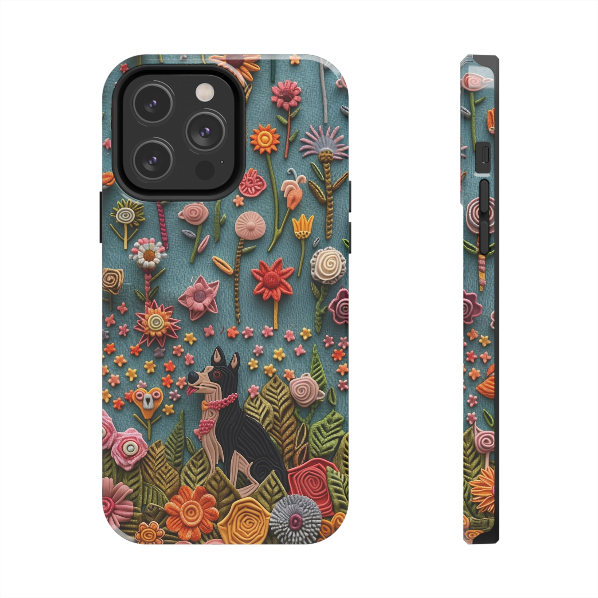 Dog and Flowers 3D Embroidered Design Dog iPhone Case - Tough Case - Pets on Merch