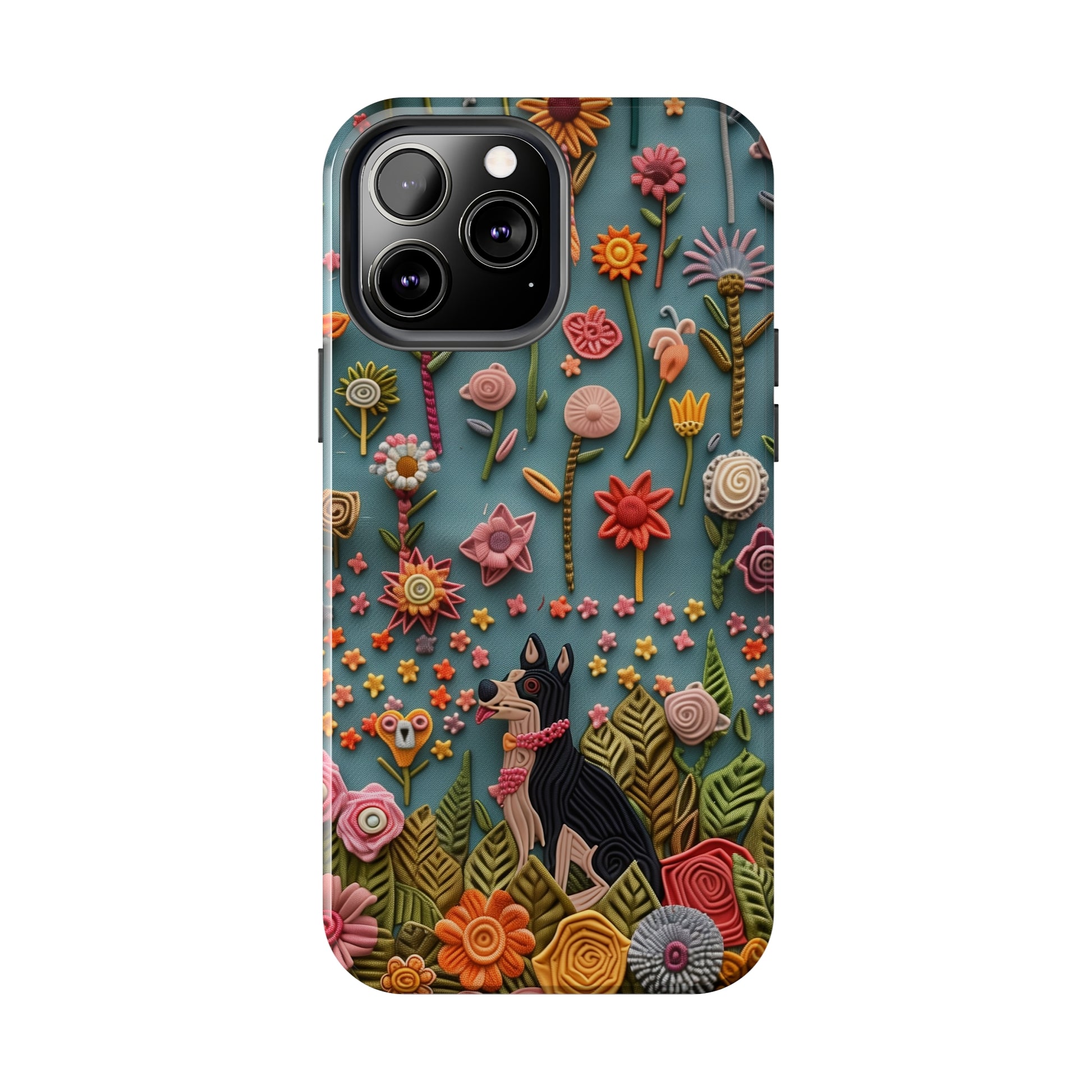 Dog and Flowers 3D Embroidered Design Dog iPhone Case - Tough Case - Pets on Merch