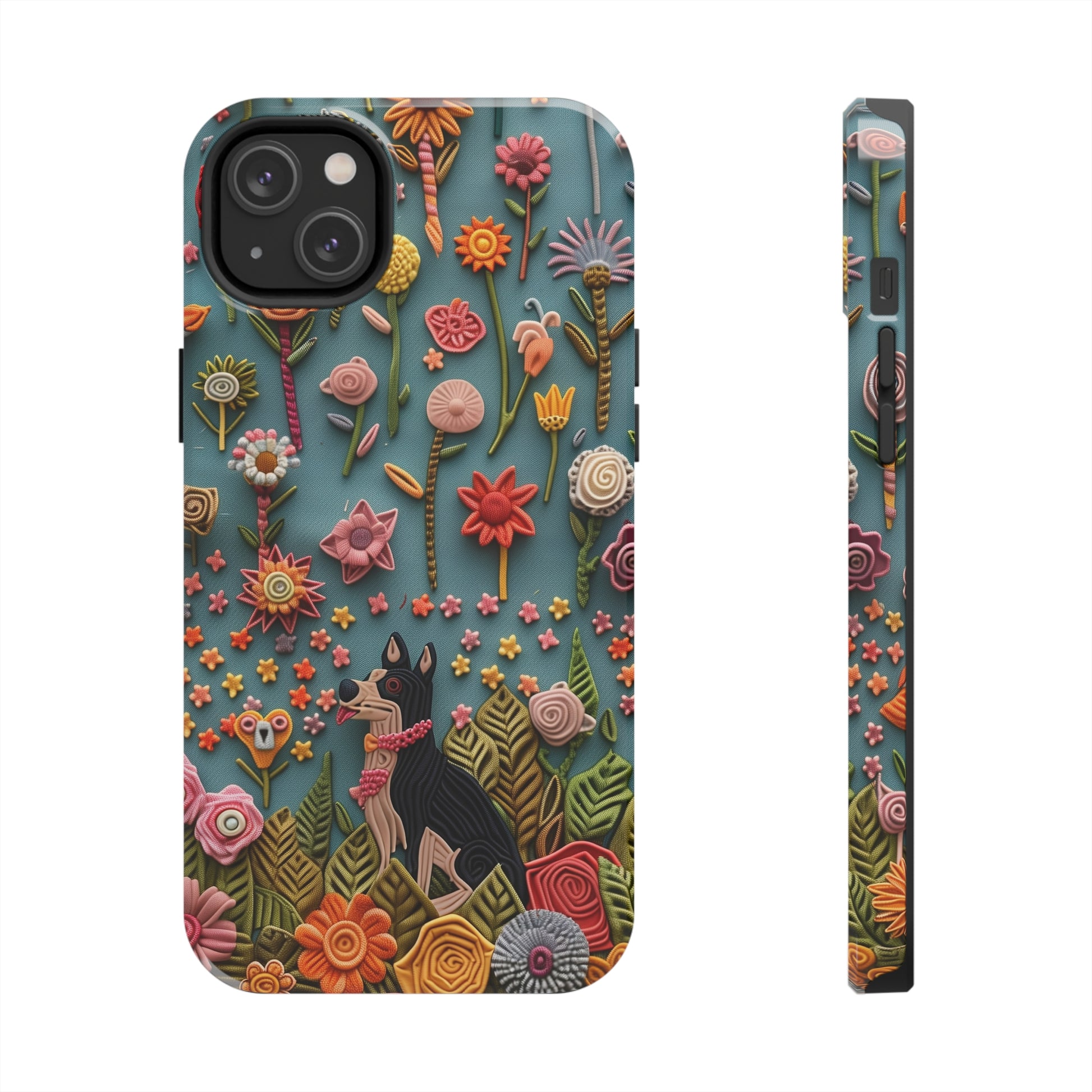 Dog and Flowers 3D Embroidered Design Dog iPhone Case - Tough Case - Pets on Merch