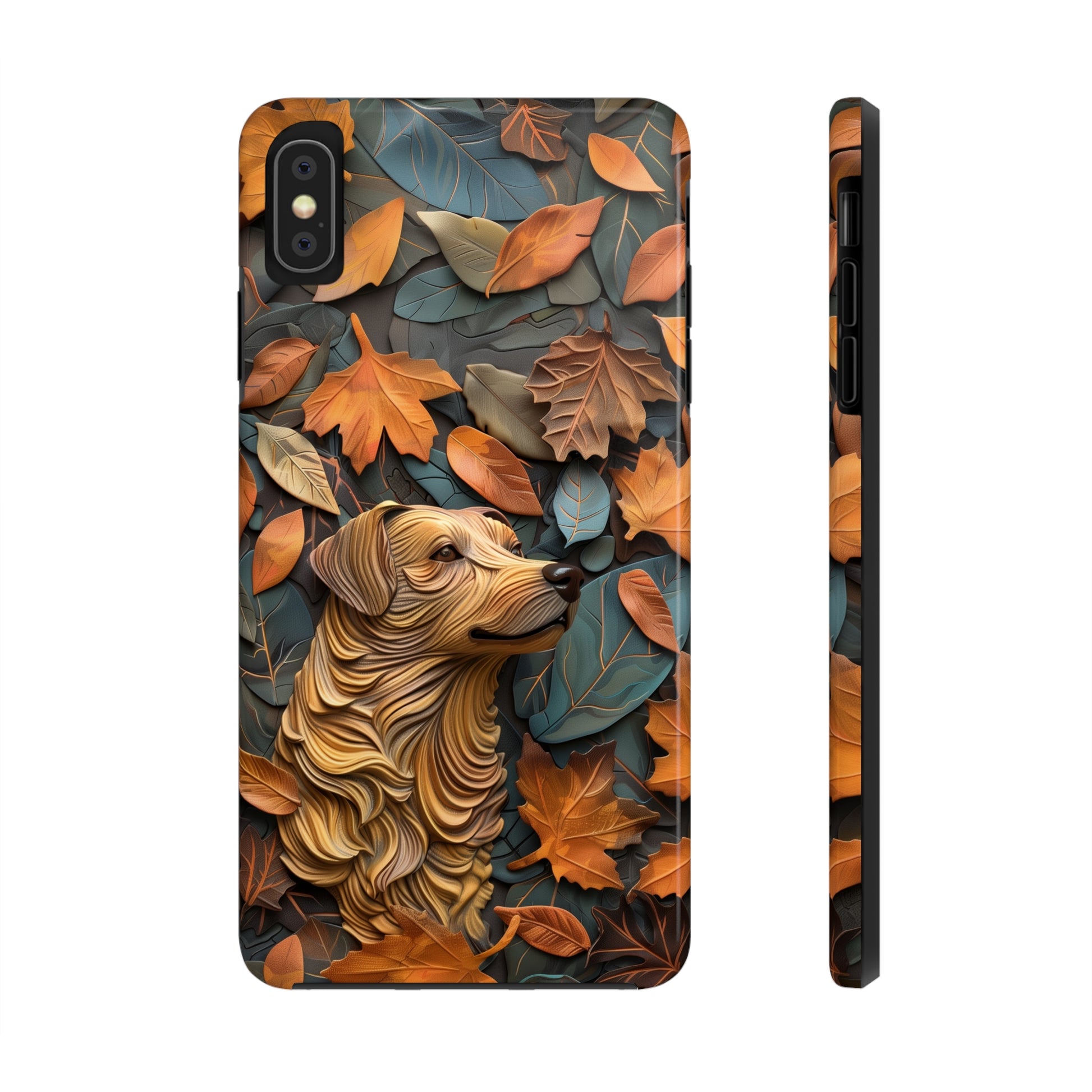 Dog and Autumn Leaves Wood Carving Design Dog iPhone Case - Tough Case - Pets on Merch