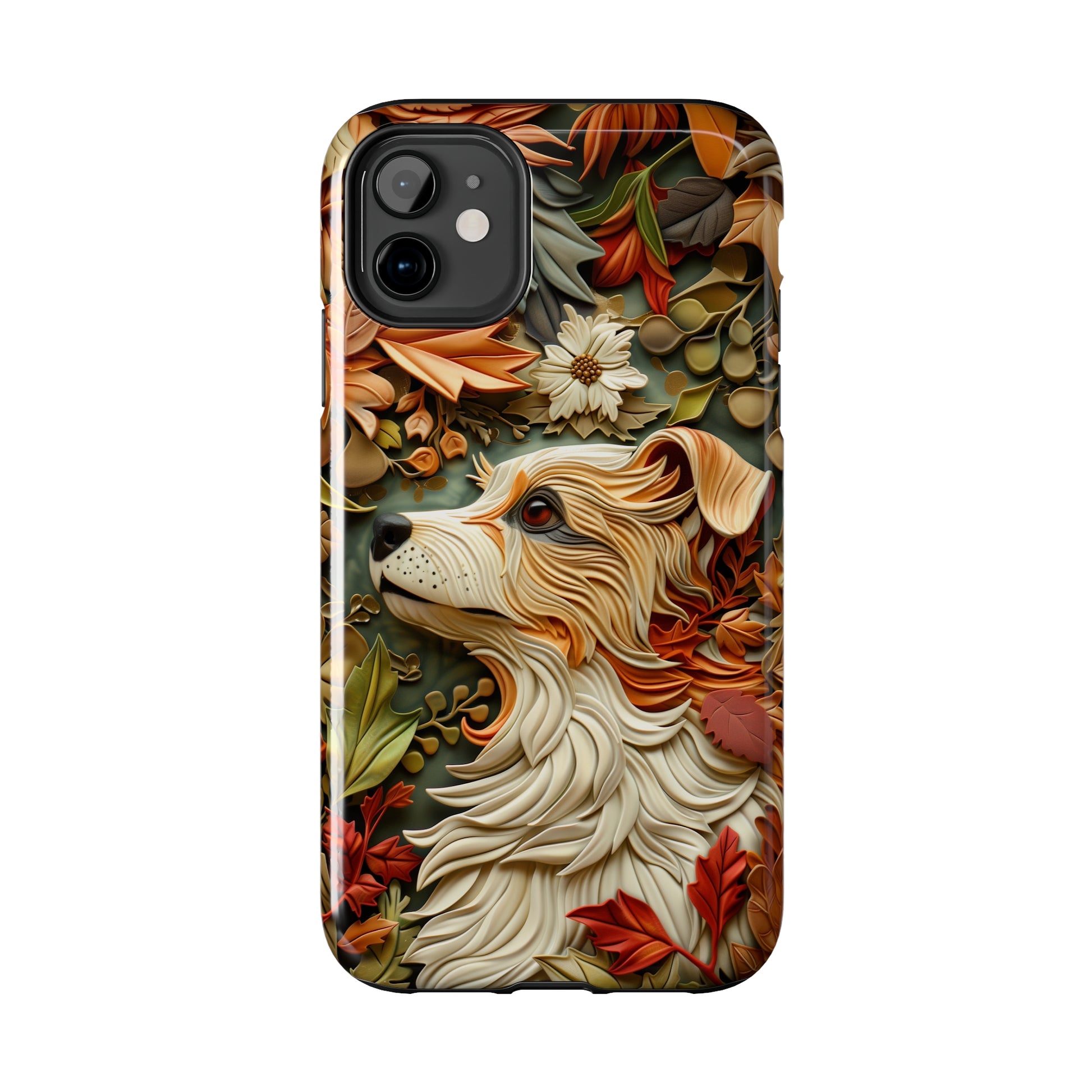 Dog and Leaves Wood Carving Design Dog iPhone Case - Tough Case - Pets on Merch