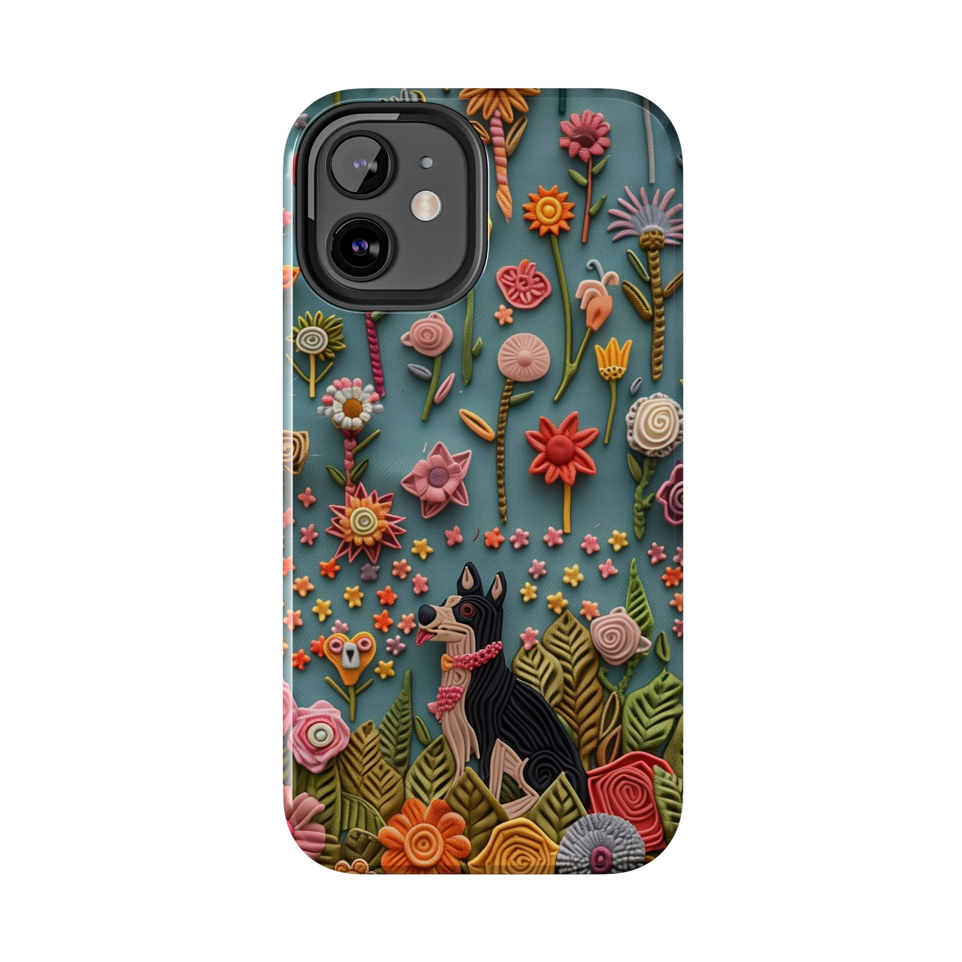 Dog and Flowers 3D Embroidered Design Dog iPhone Case - Tough Case - Pets on Merch