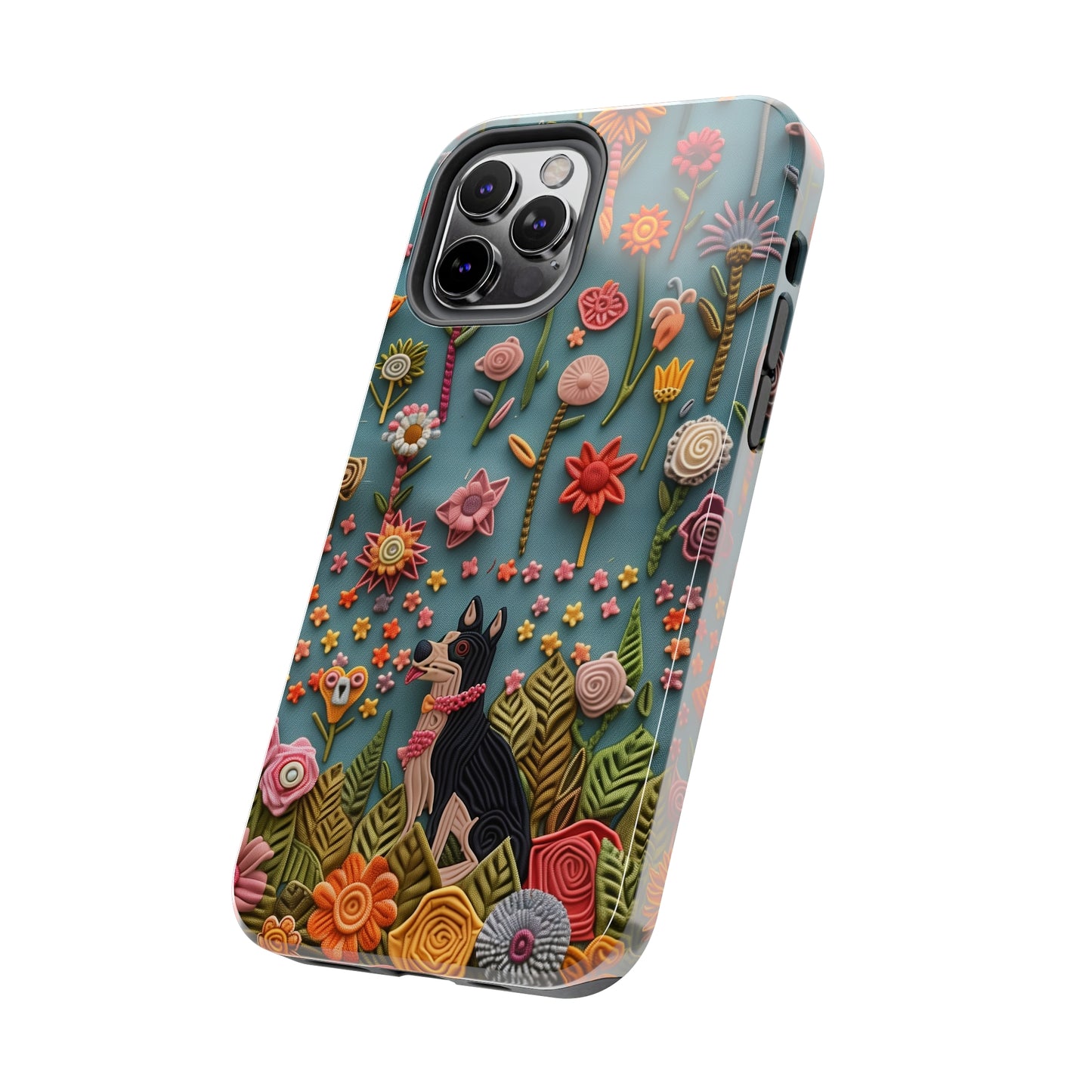 Dog and Flowers 3D Embroidered Design Dog iPhone Case - Tough Case - Pets on Merch