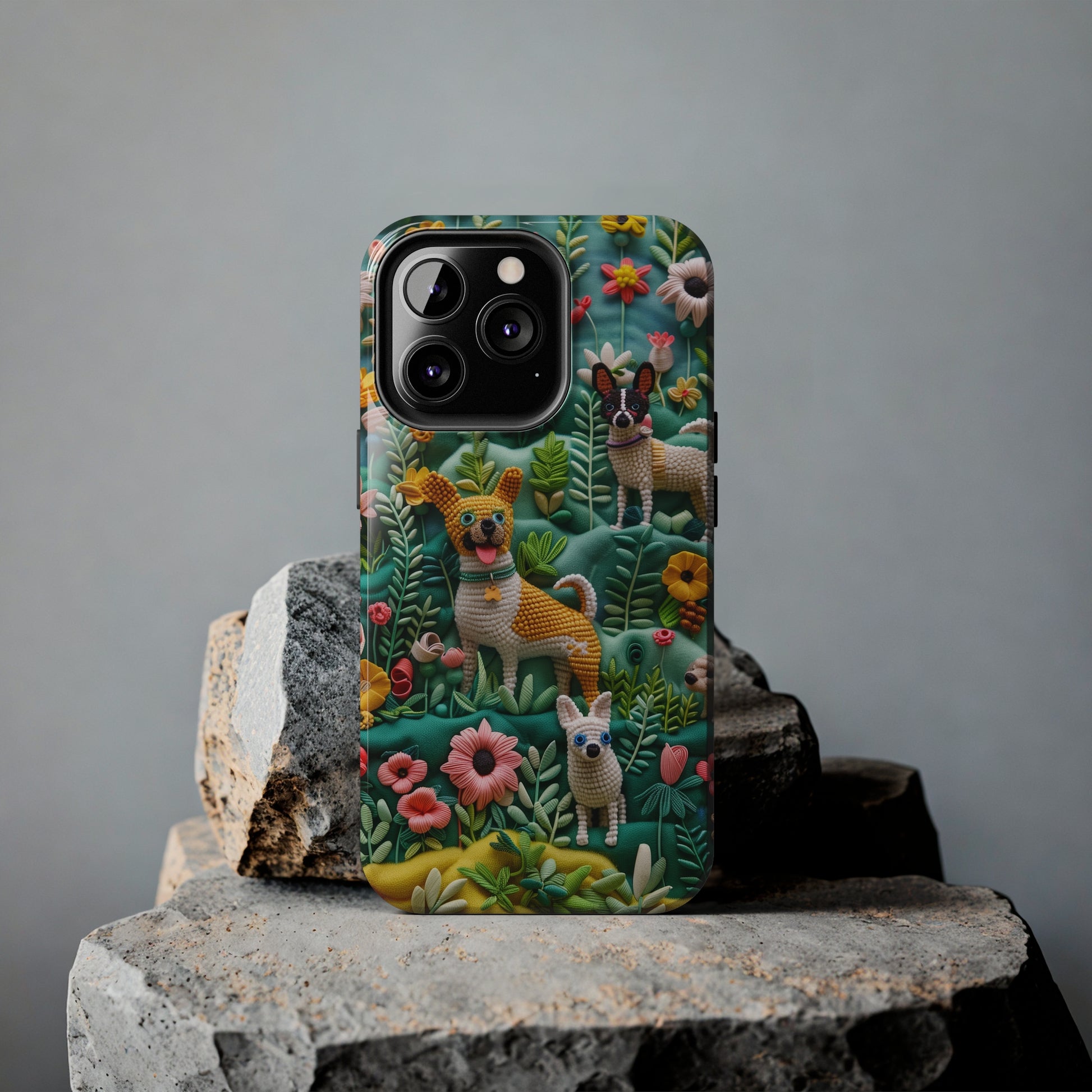 Dogs and Flowers 3D Yarn and Thread Design Dog iPhone Case - Tough Case - Pets on Merch