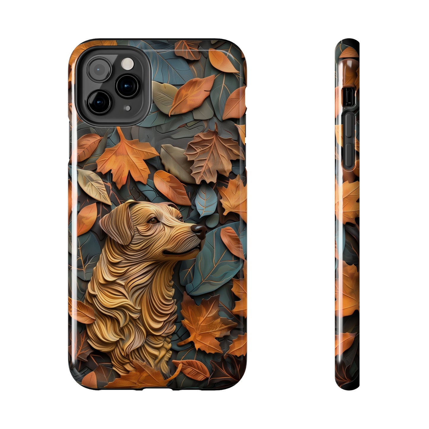 Dog and Autumn Leaves Wood Carving Design Dog iPhone Case - Tough Case - Pets on Merch