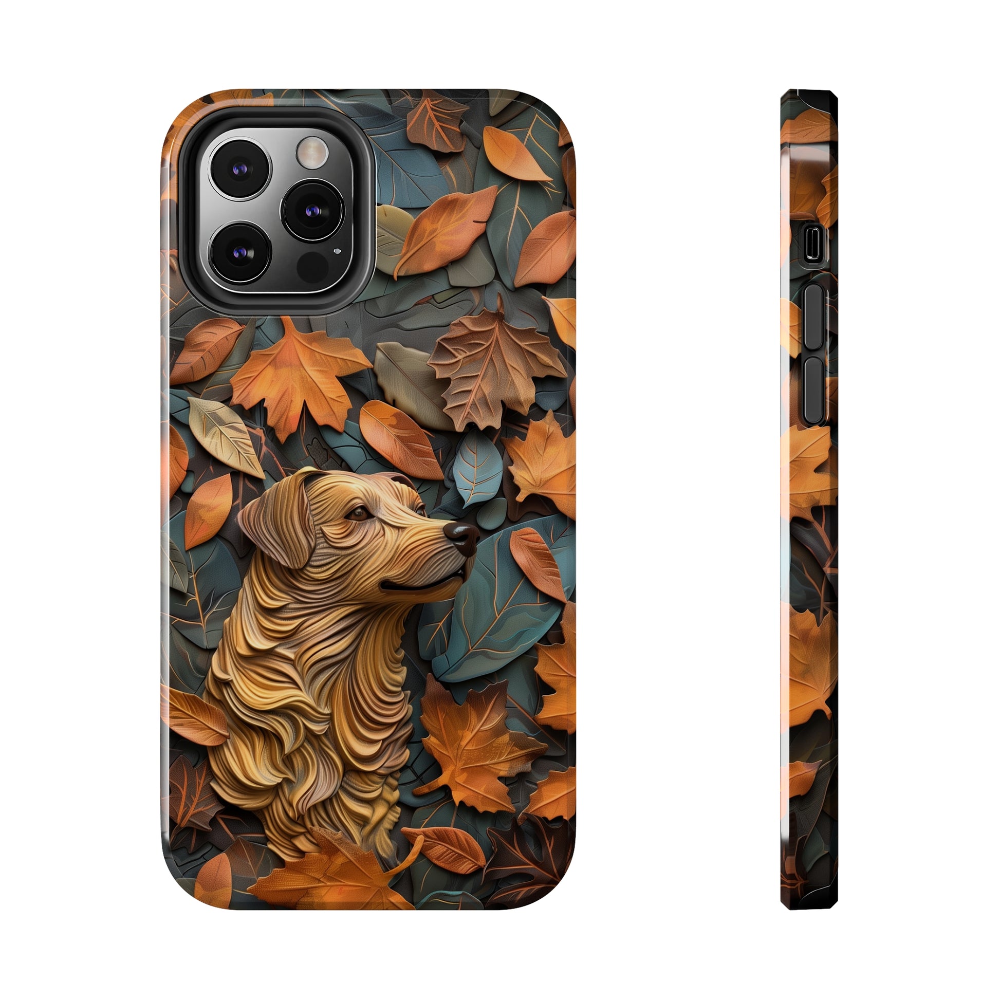 Dog and Autumn Leaves Wood Carving Design Dog iPhone Case - Tough Case - Pets on Merch