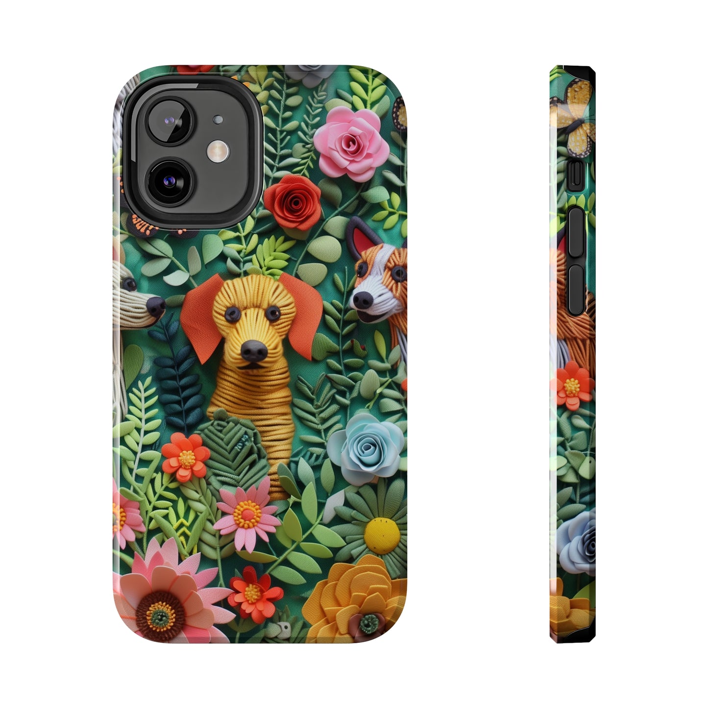 Dogs and Flowers Embroidered Fabric 3D Design Dog iPhone Case - Tough Case - Pets on Merch