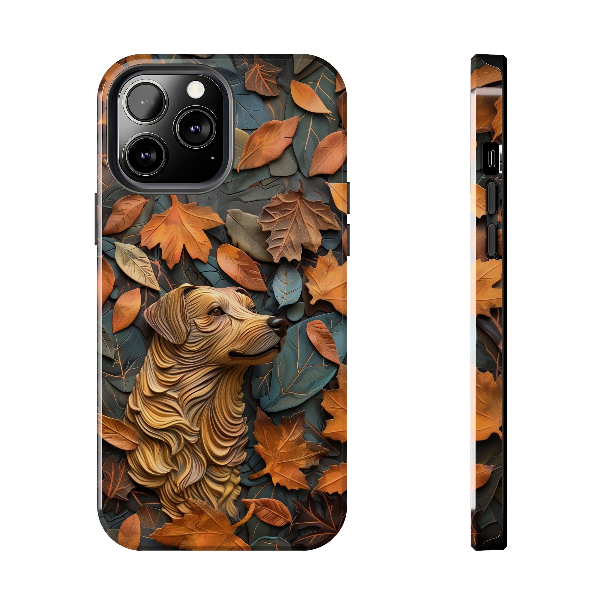 Dog and Autumn Leaves Wood Carving Design Dog iPhone Case - Tough Case - Pets on Merch