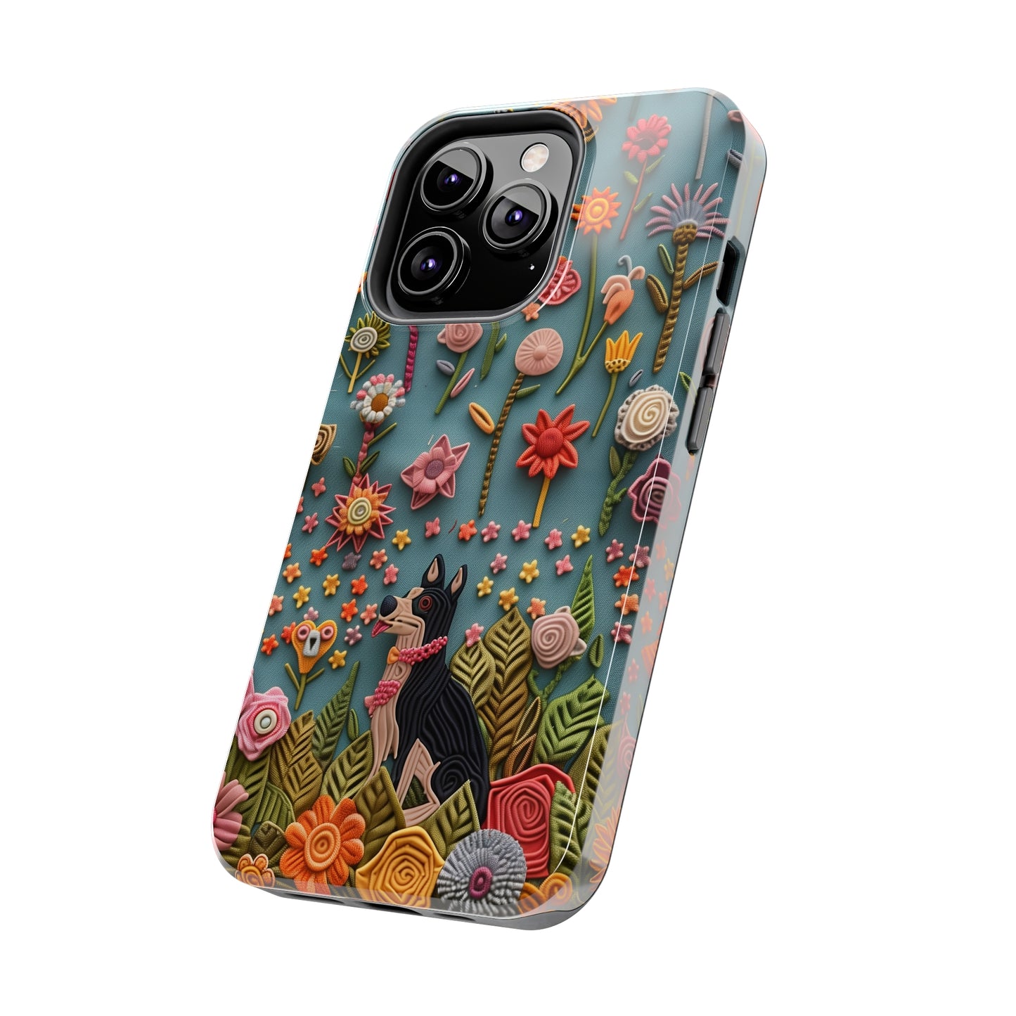 Dog and Flowers 3D Embroidered Design Dog iPhone Case - Tough Case - Pets on Merch