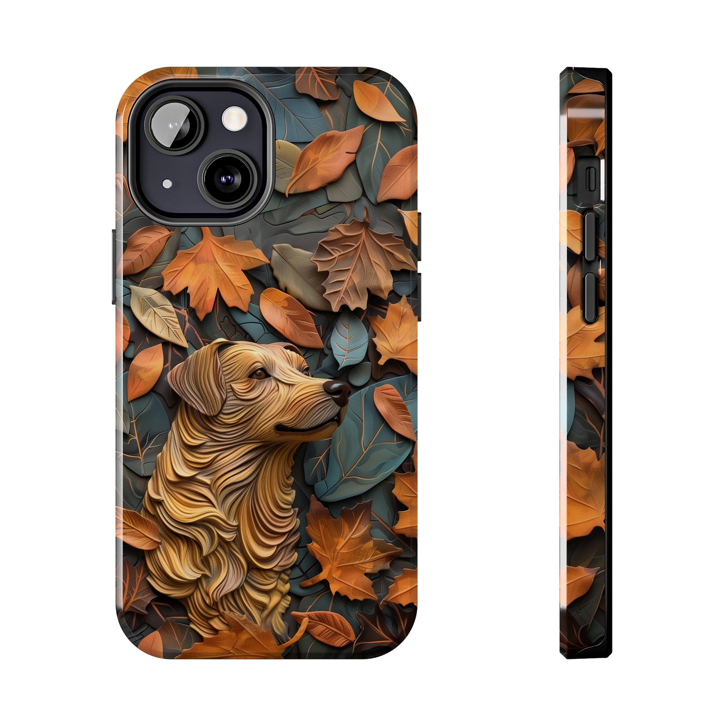 Dog and Autumn Leaves Wood Carving Design Dog iPhone Case - Tough Case - Pets on Merch