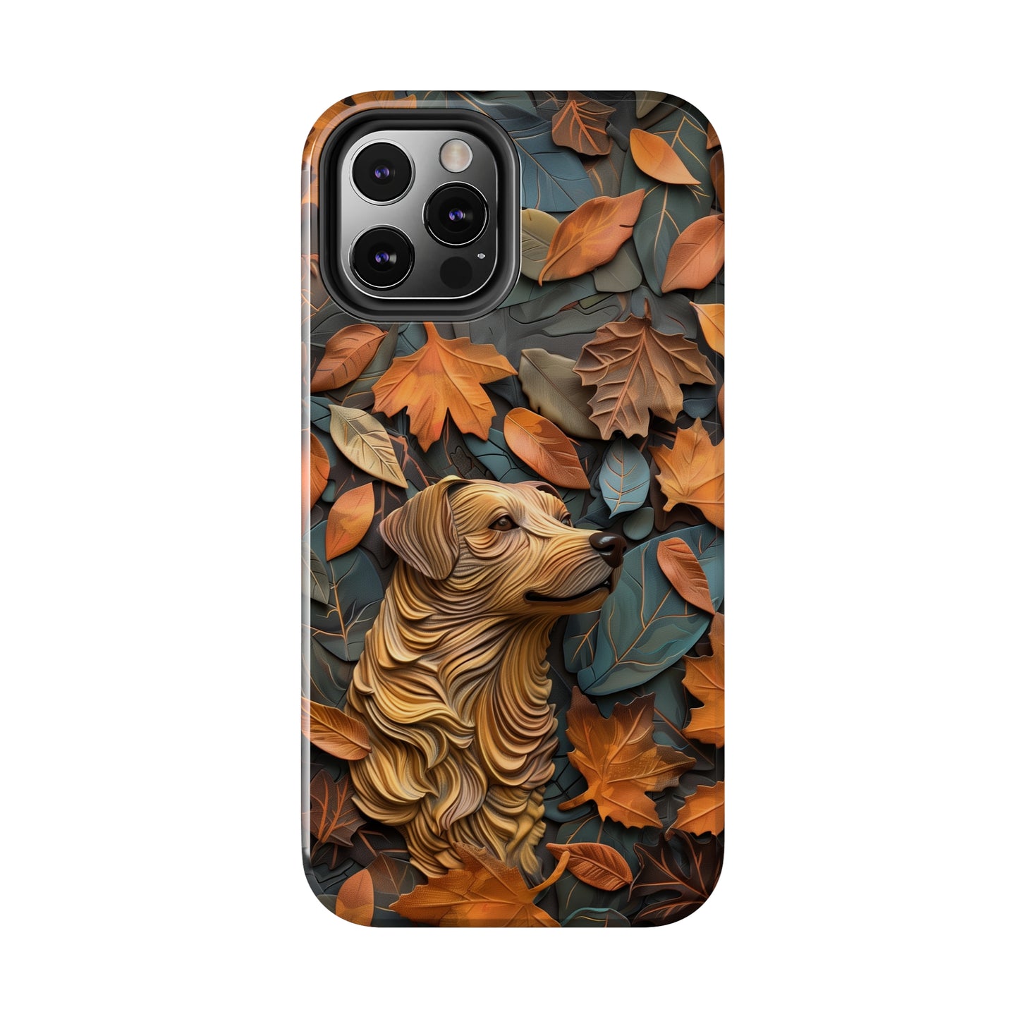 Dog and Autumn Leaves Wood Carving Design Dog iPhone Case - Tough Case - Pets on Merch