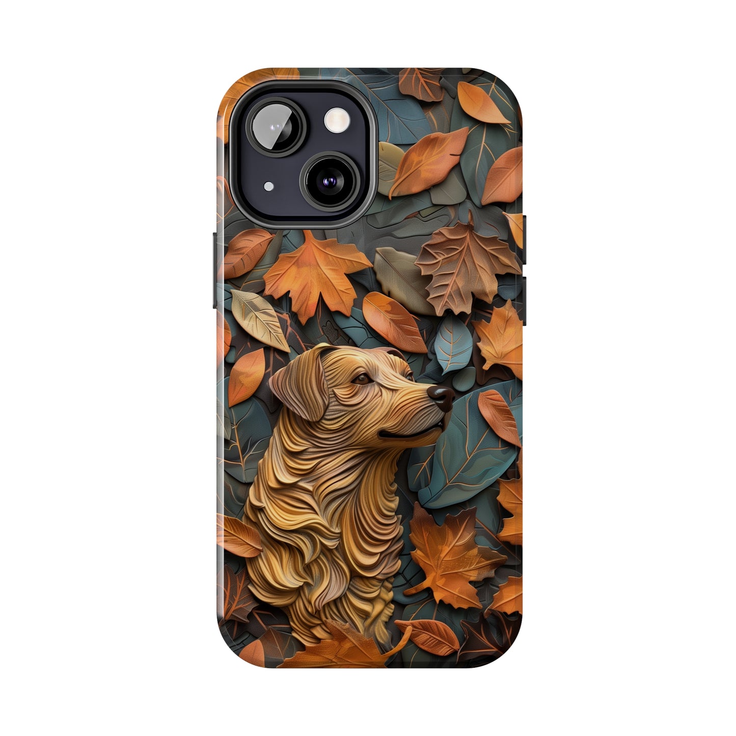 Dog and Autumn Leaves Wood Carving Design Dog iPhone Case - Tough Case - Pets on Merch