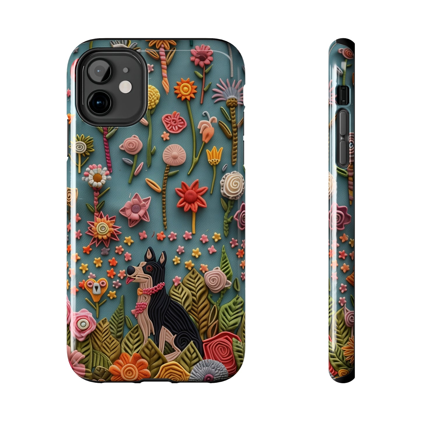 Dog and Flowers 3D Embroidered Design Dog iPhone Case - Tough Case - Pets on Merch