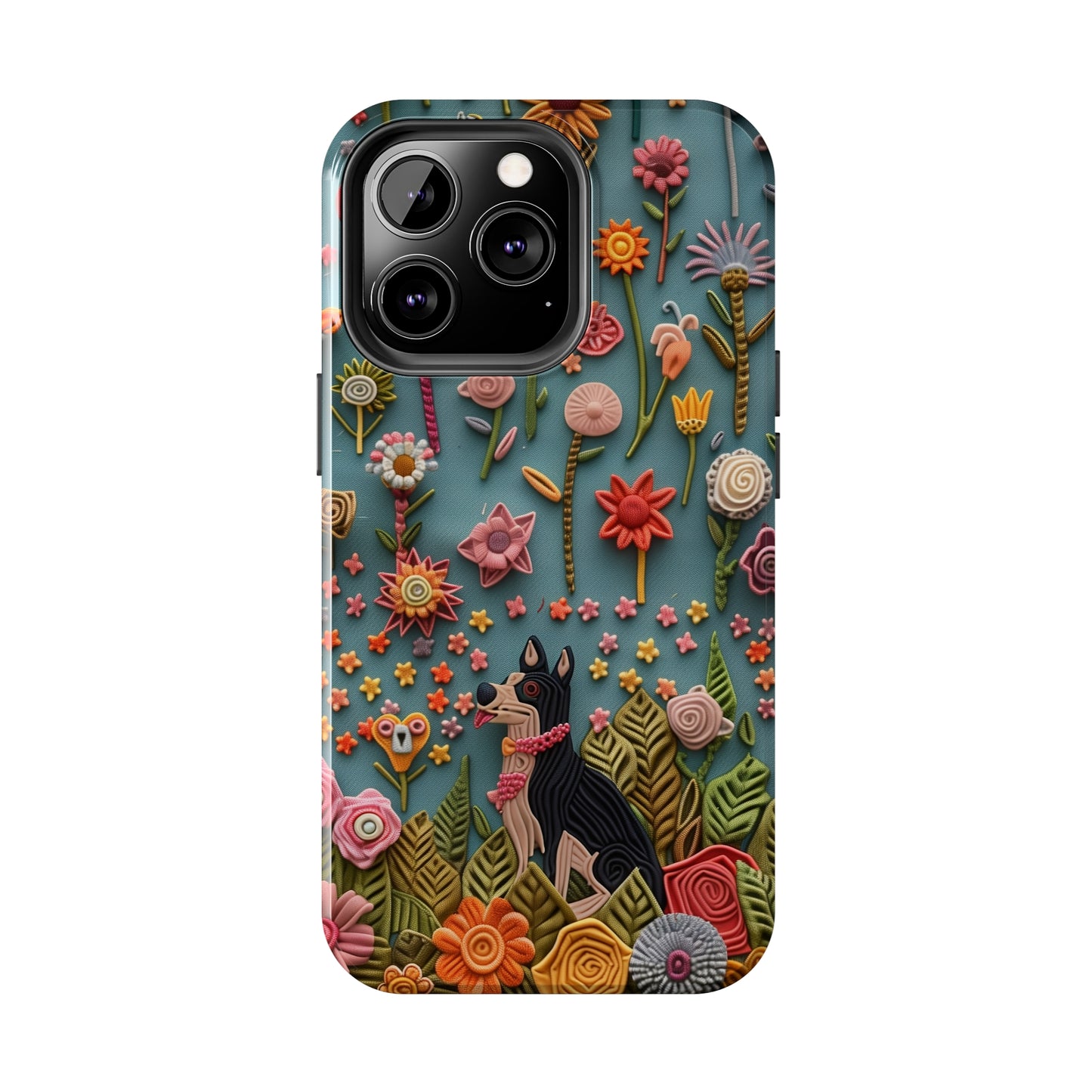 Dog and Flowers 3D Embroidered Design Dog iPhone Case - Tough Case - Pets on Merch