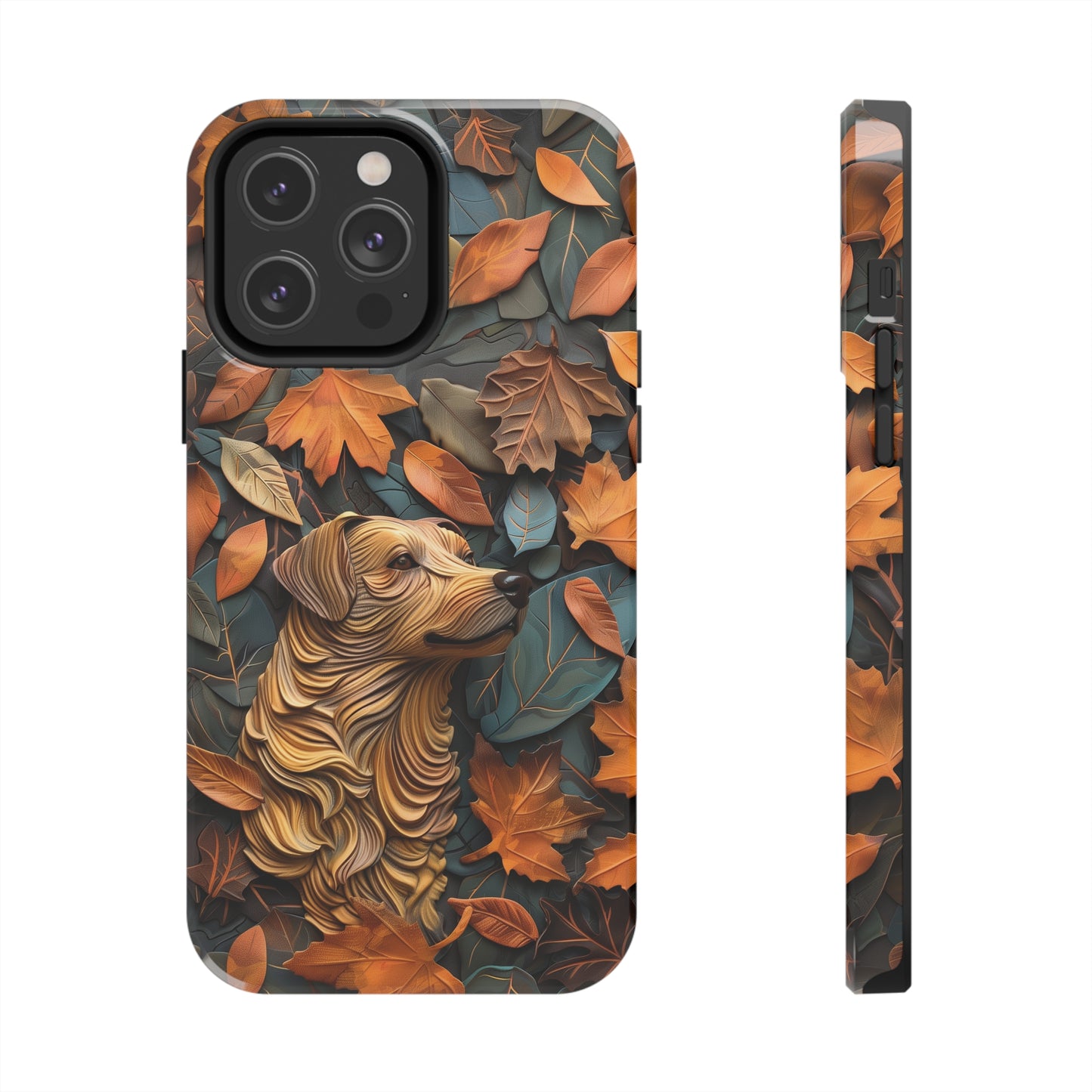 Dog and Autumn Leaves Wood Carving Design Dog iPhone Case - Tough Case - Pets on Merch