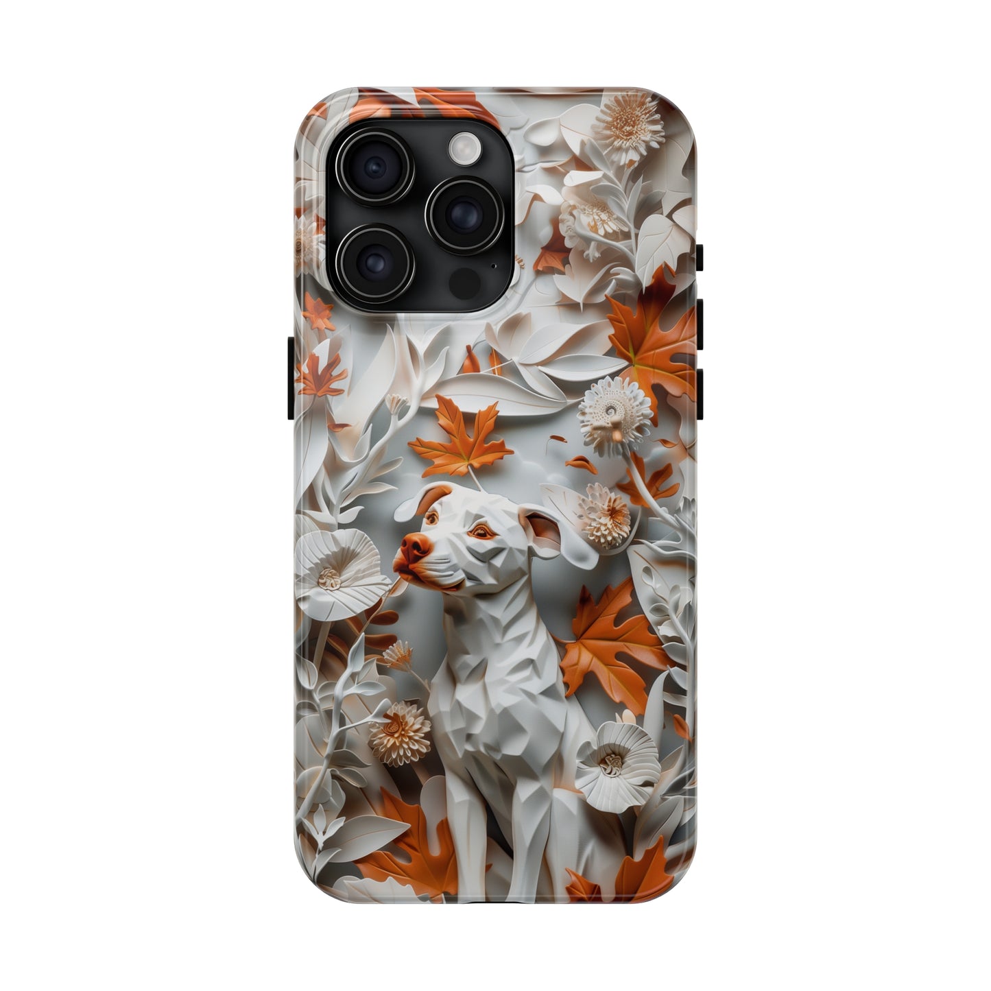 Dog and Leaves Paper Sculpture Design Dog iPhone Case - Tough Case - Pets on Merch dog-themed phone cases. Shop now for high-quality cases that combine style and protection. Unique art graphic Pet phone case. Tough case for iPhone 15 14 13 11 12 x se xs sr 8 7 pro plus max mini. Durable 2-piece design