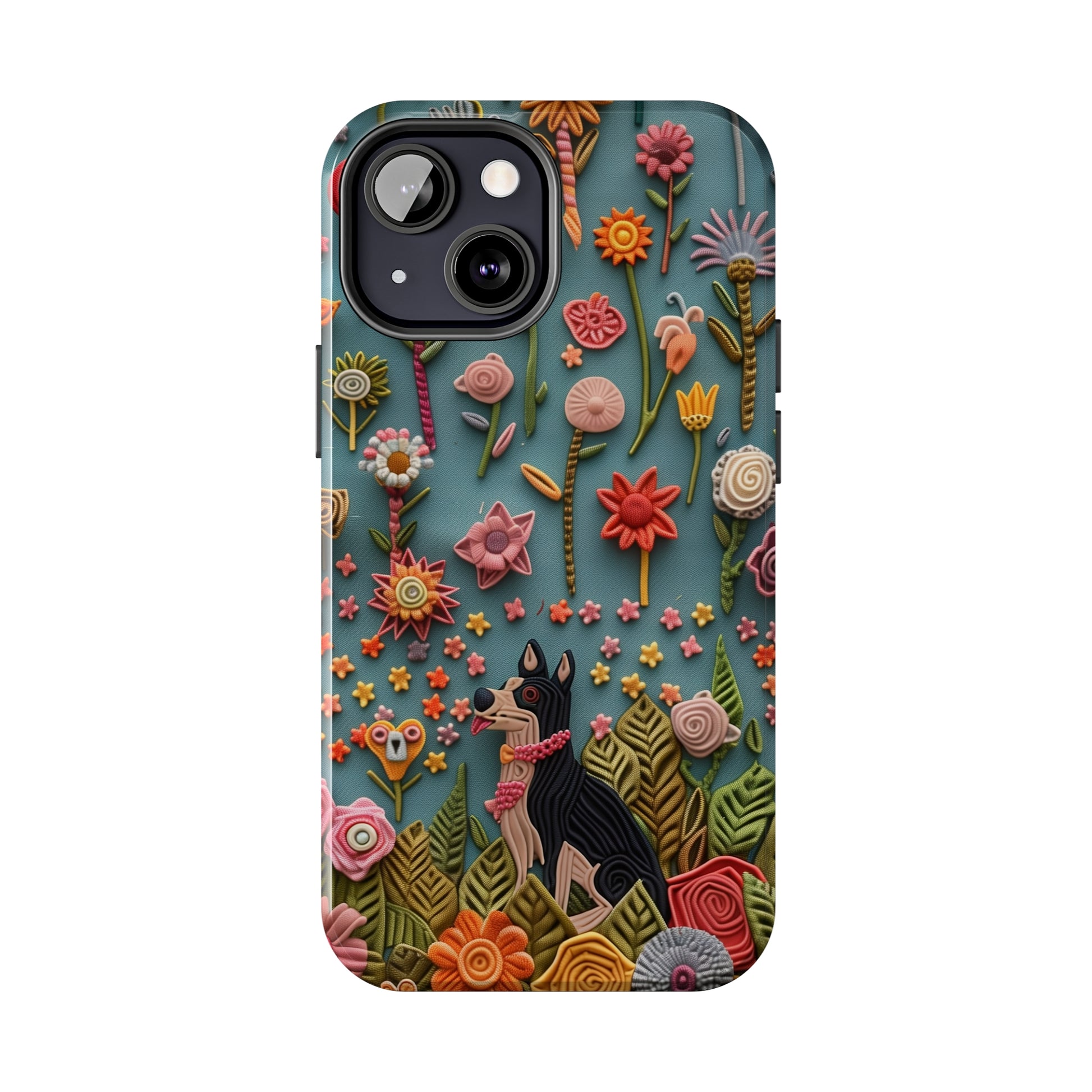 Dog and Flowers 3D Embroidered Design Dog iPhone Case - Tough Case - Pets on Merch