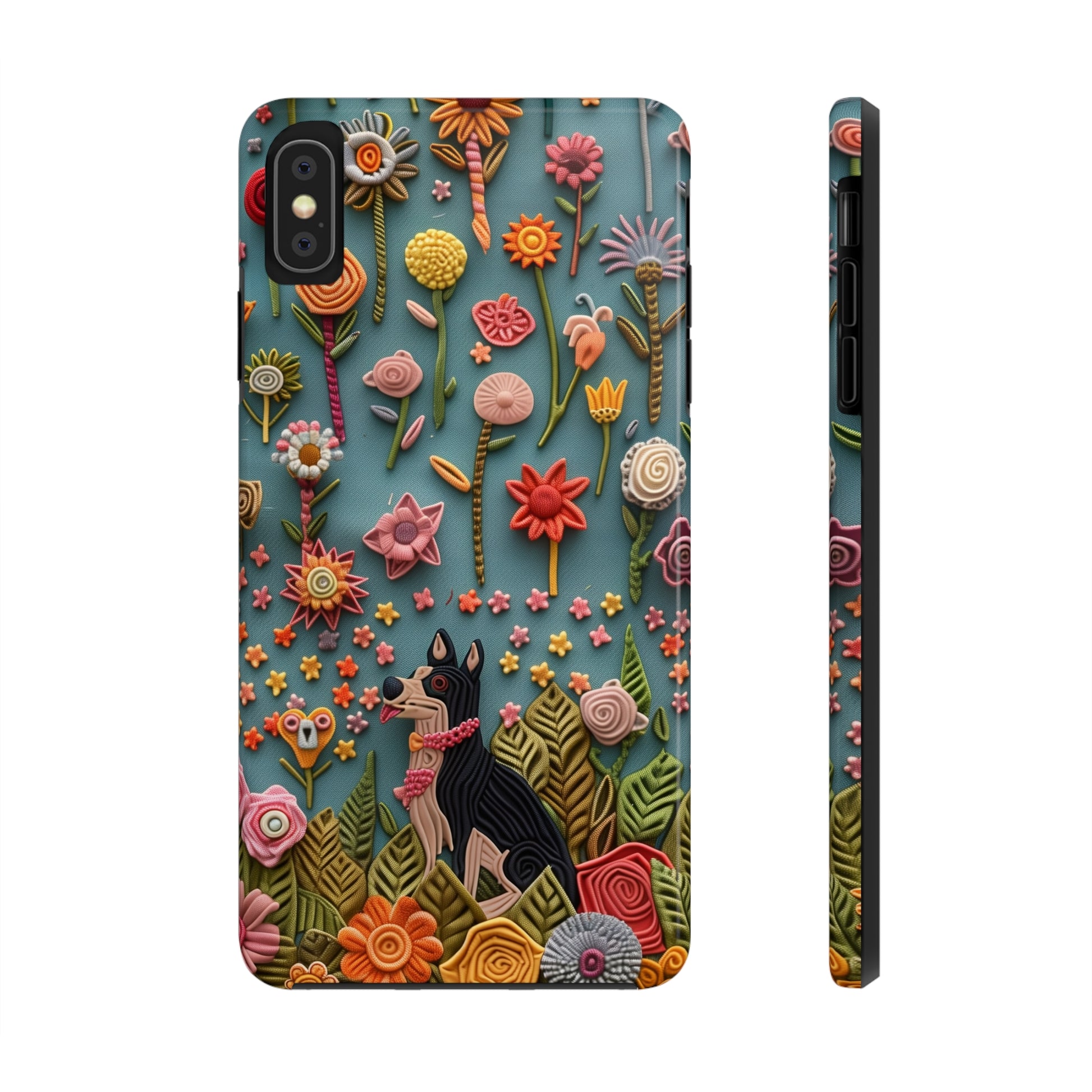 Dog and Flowers 3D Embroidered Design Dog iPhone Case - Tough Case - Pets on Merch