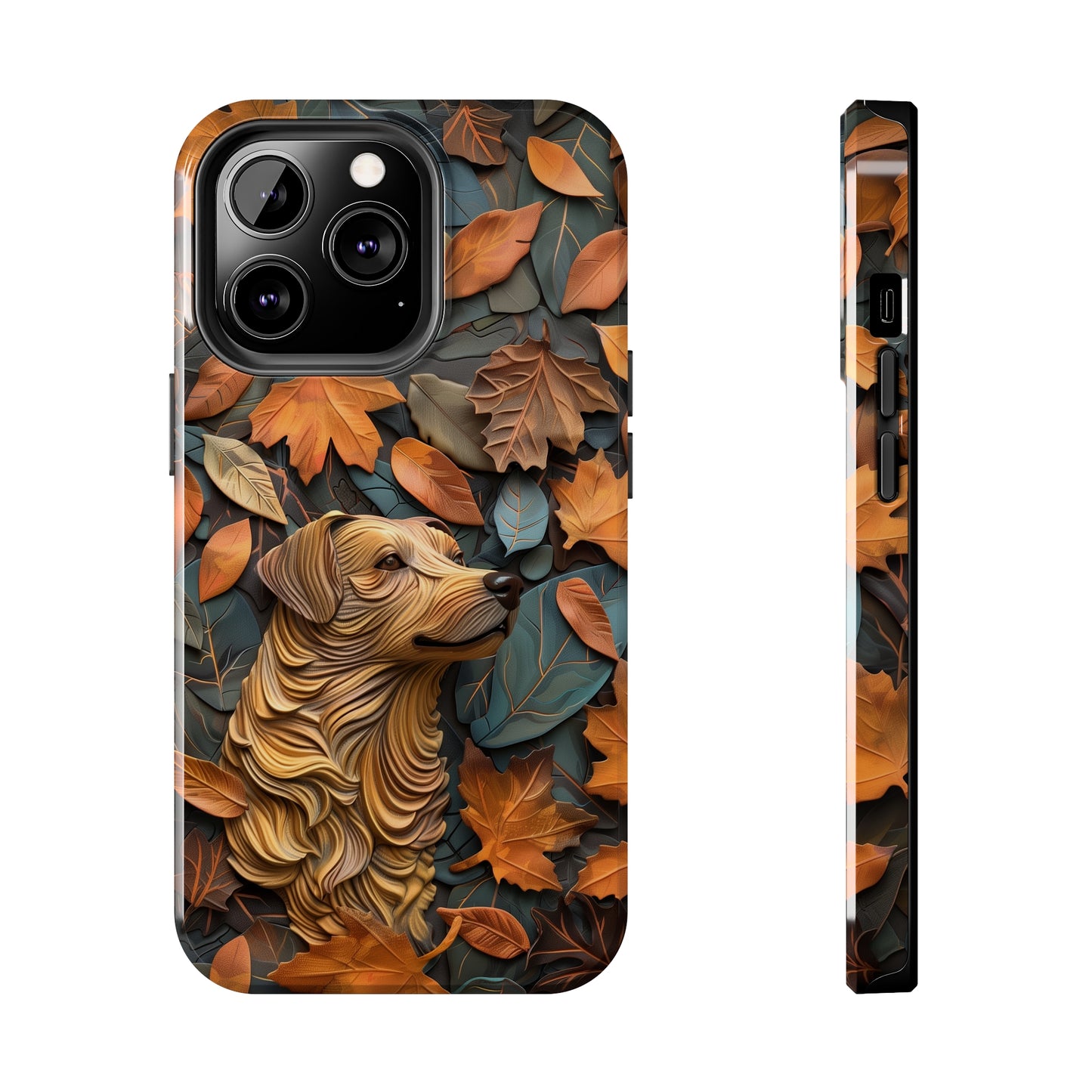 Dog and Autumn Leaves Wood Carving Design Dog iPhone Case - Tough Case - Pets on Merch