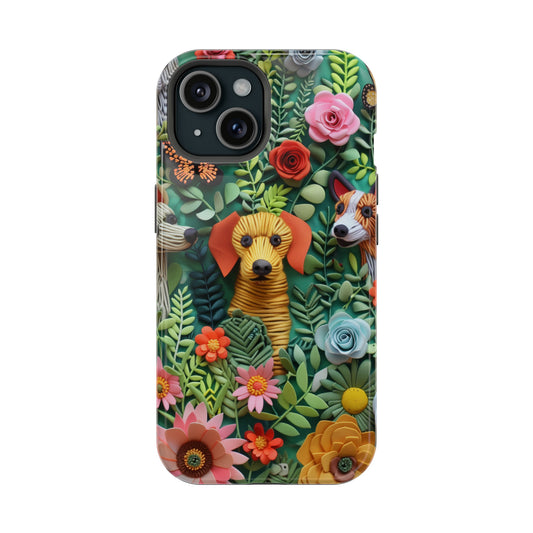 MagSafe Tough Case - Dogs and Flowers Embroidered Fabric 3D Design Dog iPhone Case - Pets on Merch