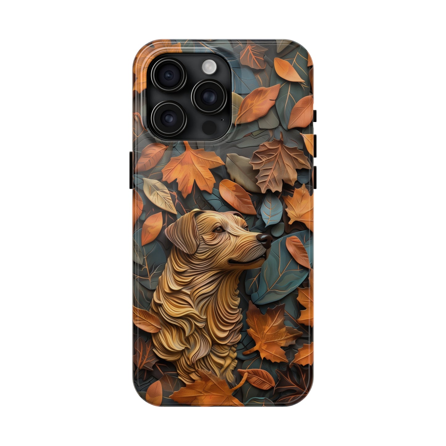 Dog and Autumn Leaves Wood Carving Design Dog iPhone Case - Tough Case - Pets on Merch dog-themed phone cases. Shop now for high-quality cases that combine style and protection. Unique 3d art graphic Pet phone case. Tough case for iPhone 15 14 13 11 12 x se xs sr 8 7 pro plus max mini. Durable 2-piece design