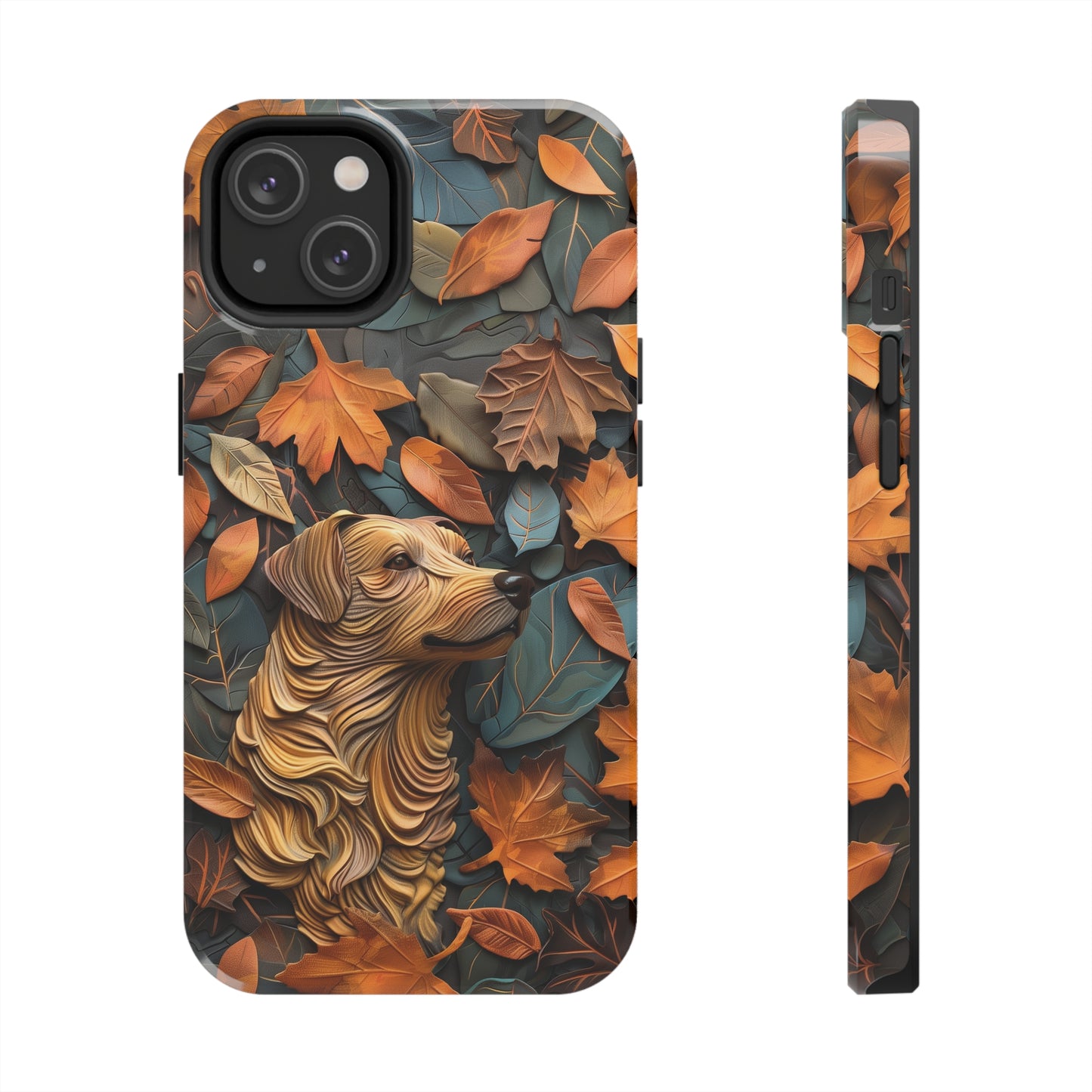 Dog and Autumn Leaves Wood Carving Design Dog iPhone Case - Tough Case - Pets on Merch