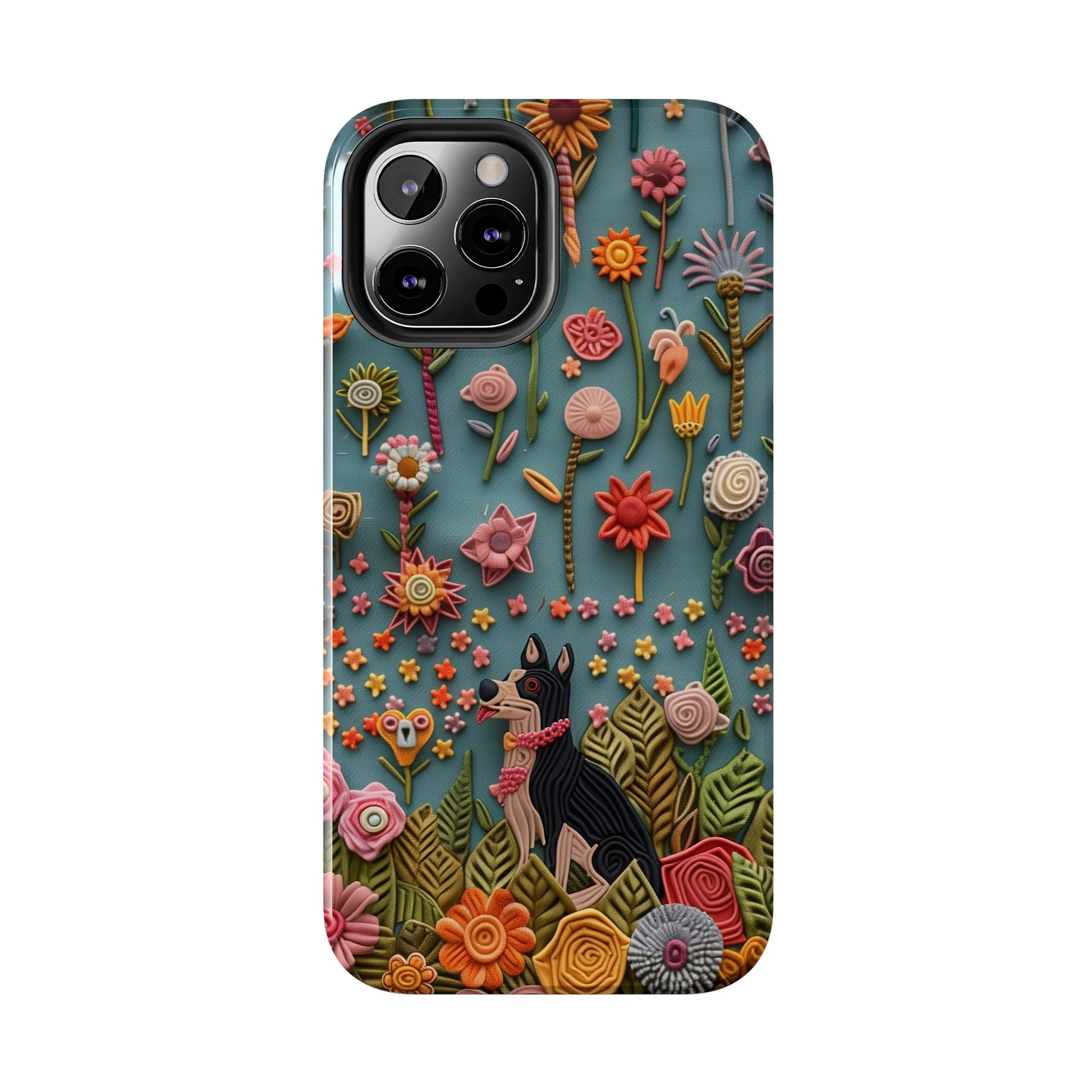 Dog and Flowers 3D Embroidered Design Dog iPhone Case - Tough Case - Pets on Merch