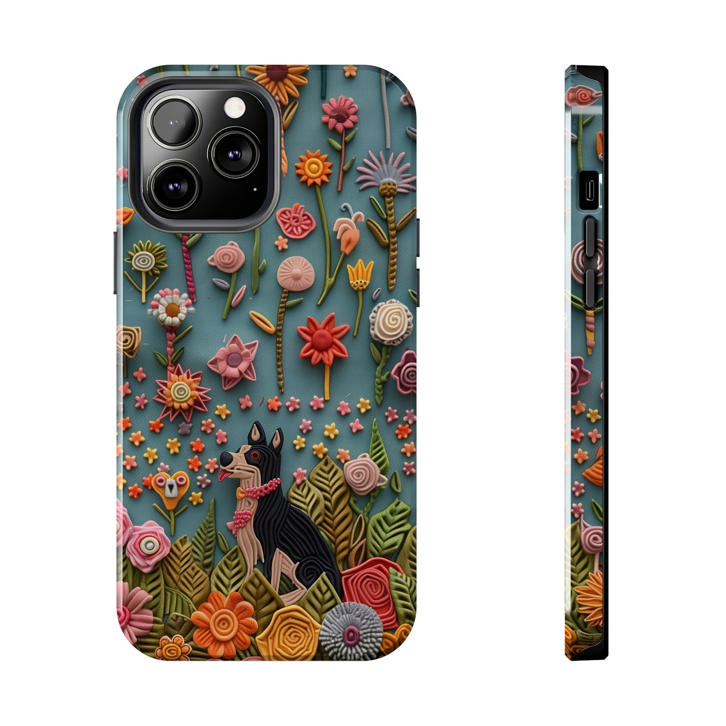 Dog and Flowers 3D Embroidered Design Dog iPhone Case - Tough Case - Pets on Merch