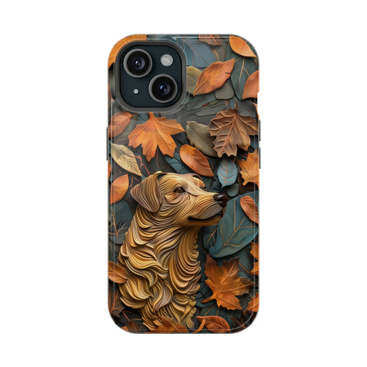 MagSafe Tough Case - Dog and Autumn Leaves Wood Carving Design Dog iPhone Case - Pets on Merch