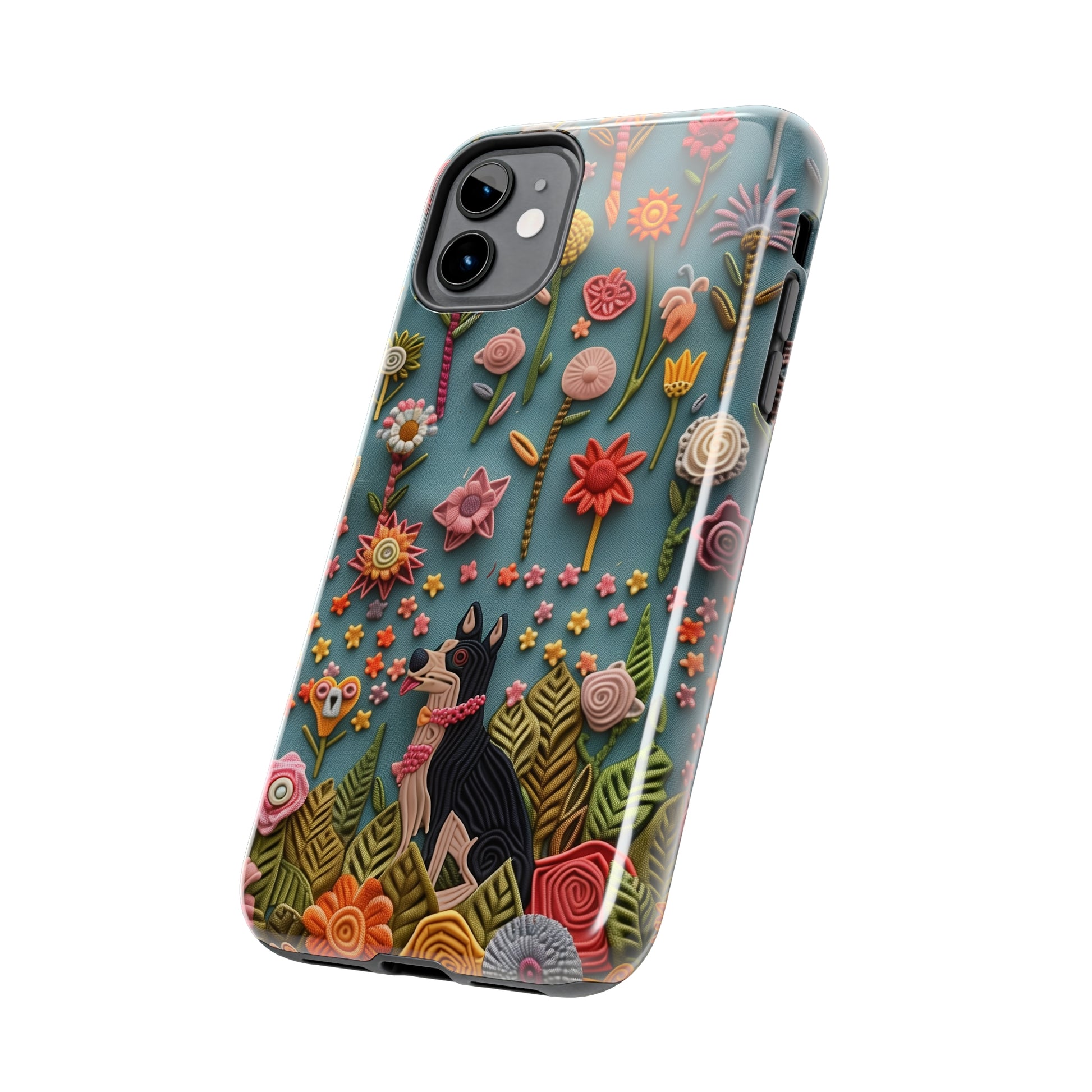 Dog and Flowers 3D Embroidered Design Dog iPhone Case - Tough Case - Pets on Merch