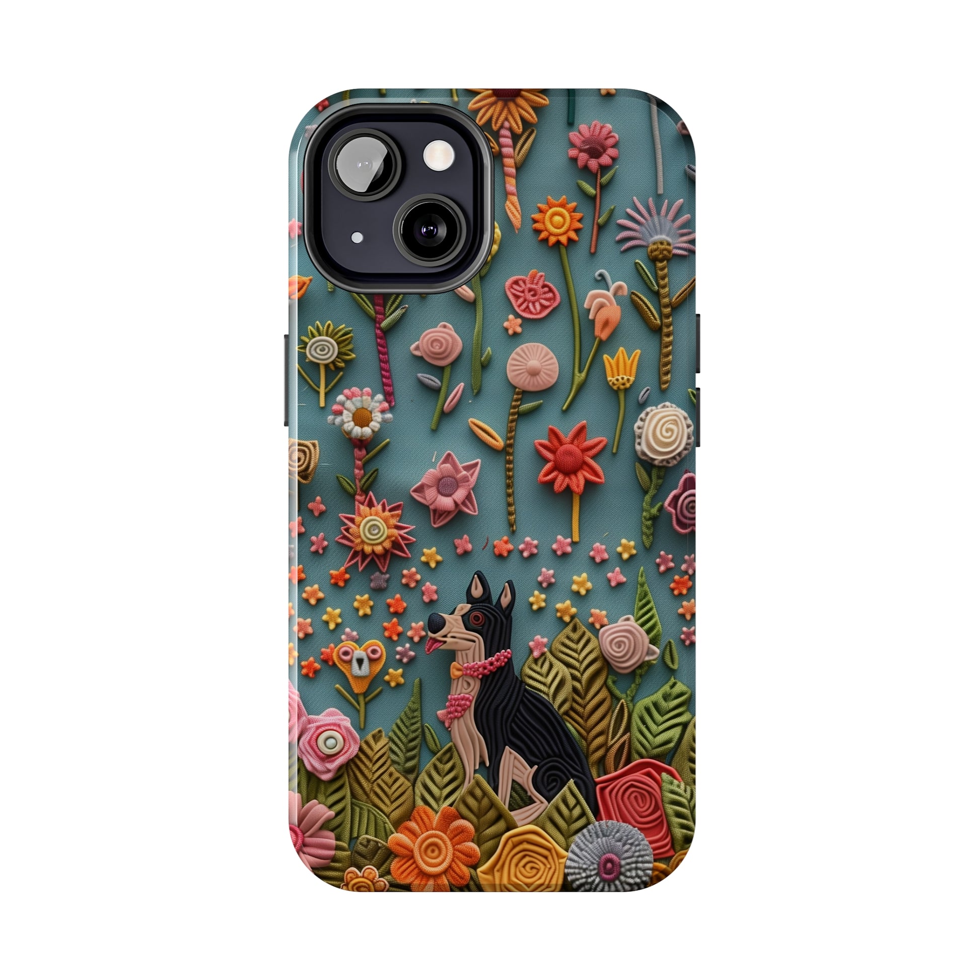 Dog and Flowers 3D Embroidered Design Dog iPhone Case - Tough Case - Pets on Merch