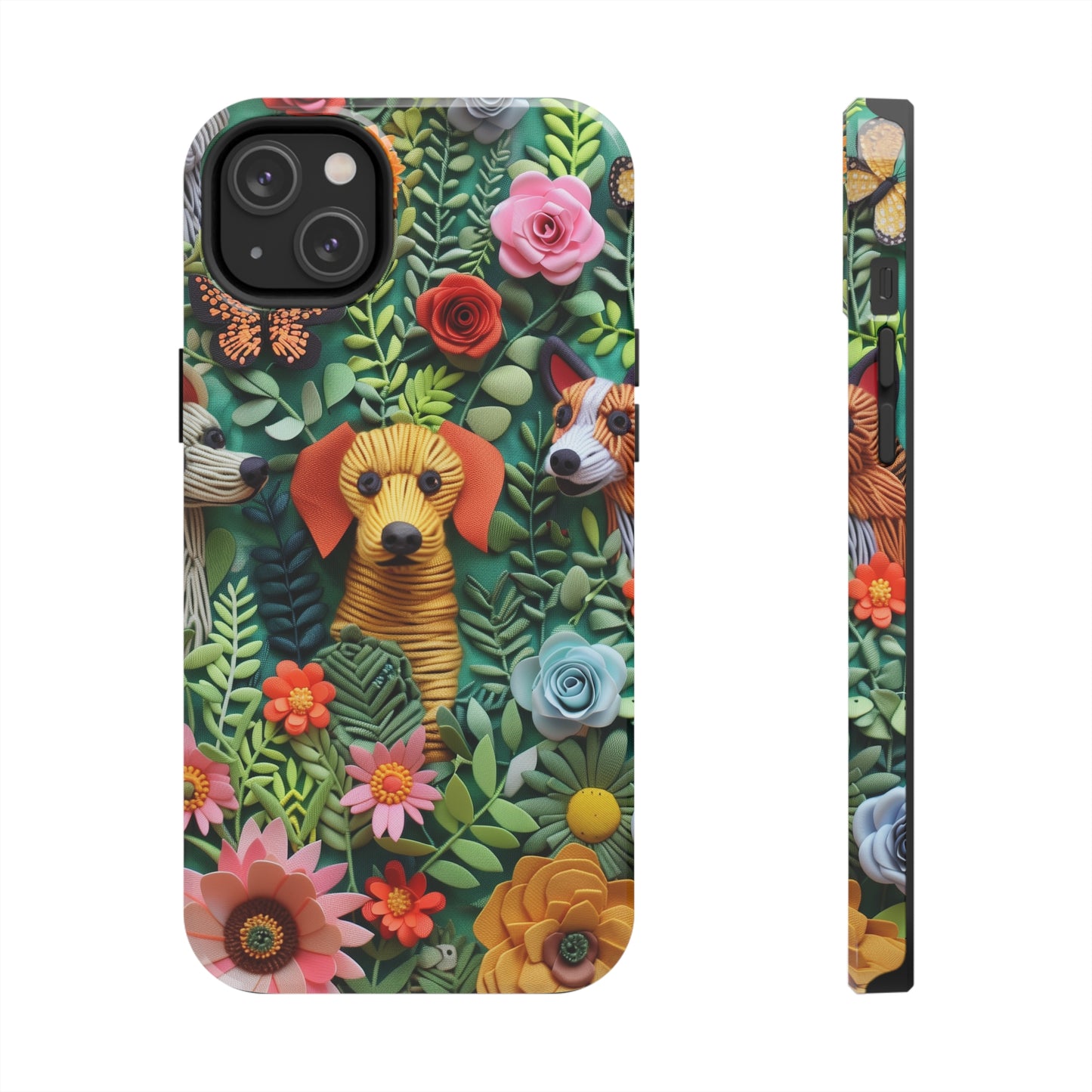 Dogs and Flowers Embroidered Fabric 3D Design Dog iPhone Case - Tough Case - Pets on Merch