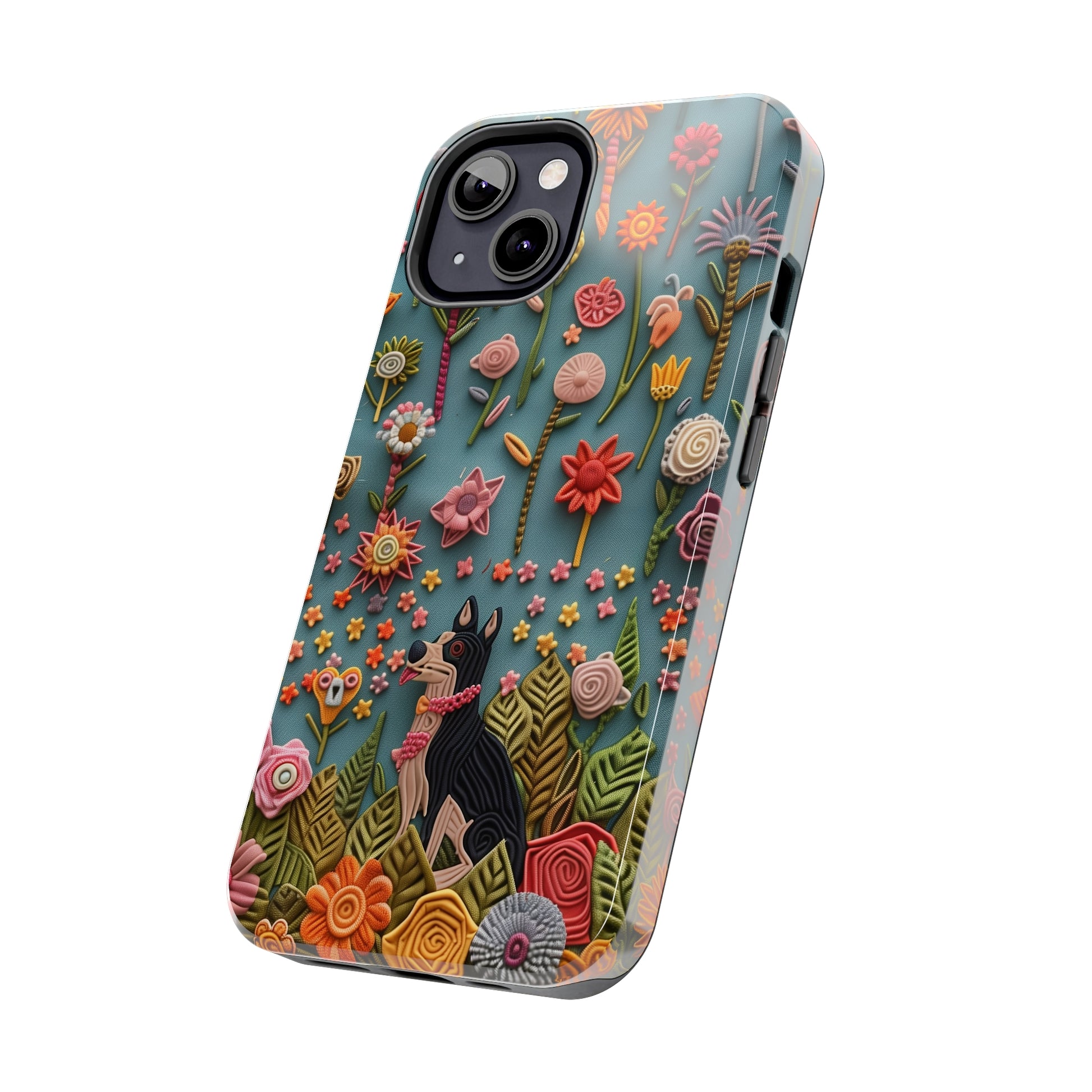 Dog and Flowers 3D Embroidered Design Dog iPhone Case - Tough Case - Pets on Merch