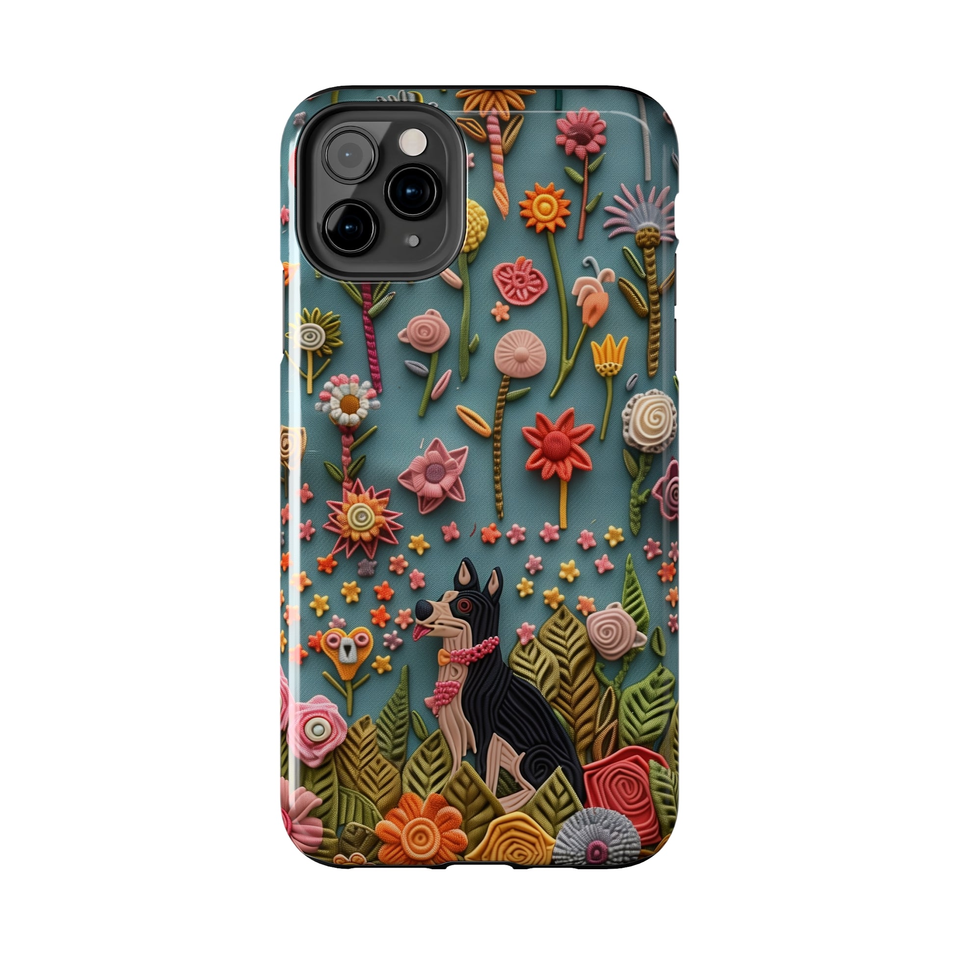 Dog and Flowers 3D Embroidered Design Dog iPhone Case - Tough Case - Pets on Merch