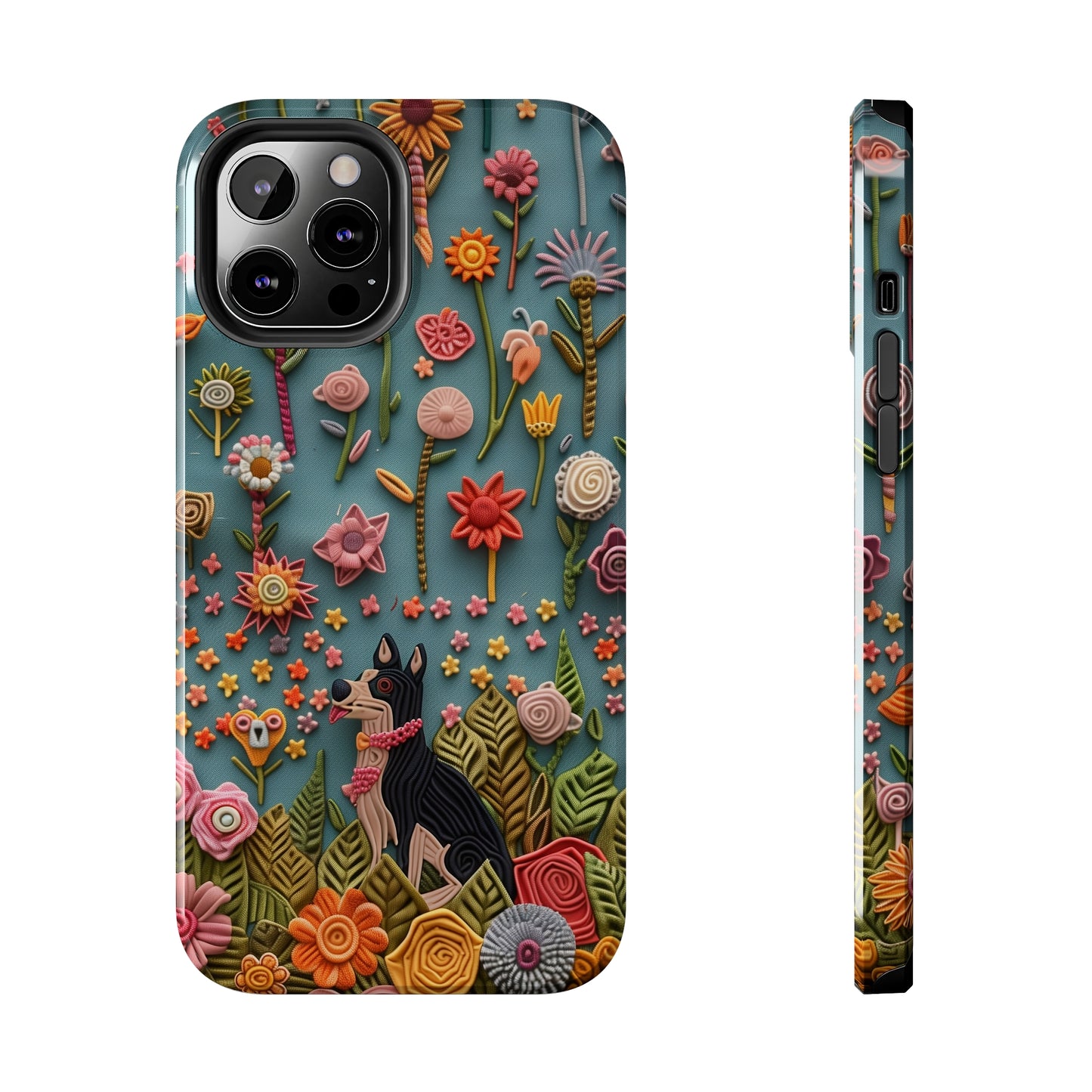 Dog and Flowers 3D Embroidered Design Dog iPhone Case - Tough Case - Pets on Merch