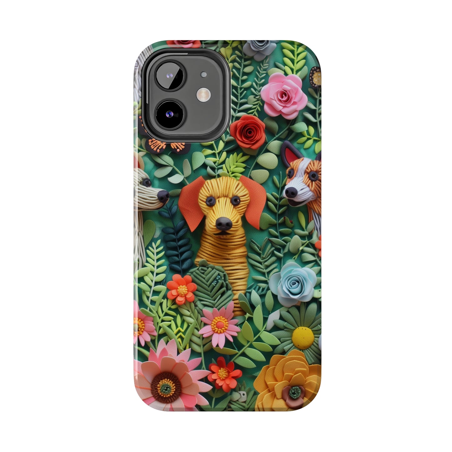 Dogs and Flowers Embroidered Fabric 3D Design Dog iPhone Case - Tough Case - Pets on Merch