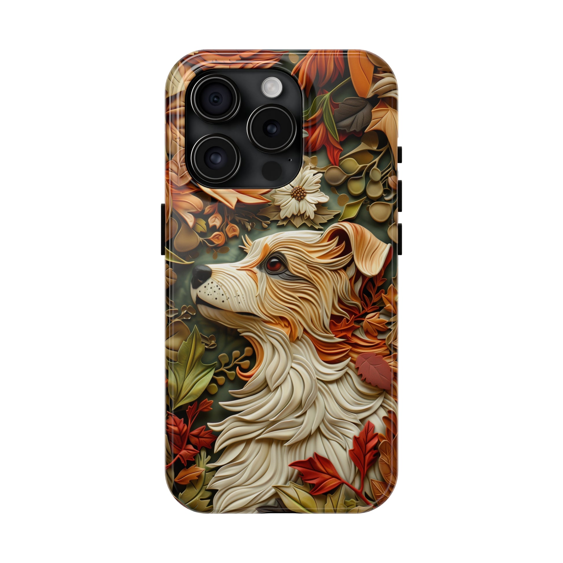 Dog and Leaves Wood Carving Design Dog iPhone Case - Tough Case - Pets on Merch dog-themed phone cases. Shop now for high-quality cases that combine style and protection. Unique art graphic Pet phone case. Tough case for iPhone 15 14 13 11 12 x se xs sr 8 7 pro plus max mini. Durable 2-piece design