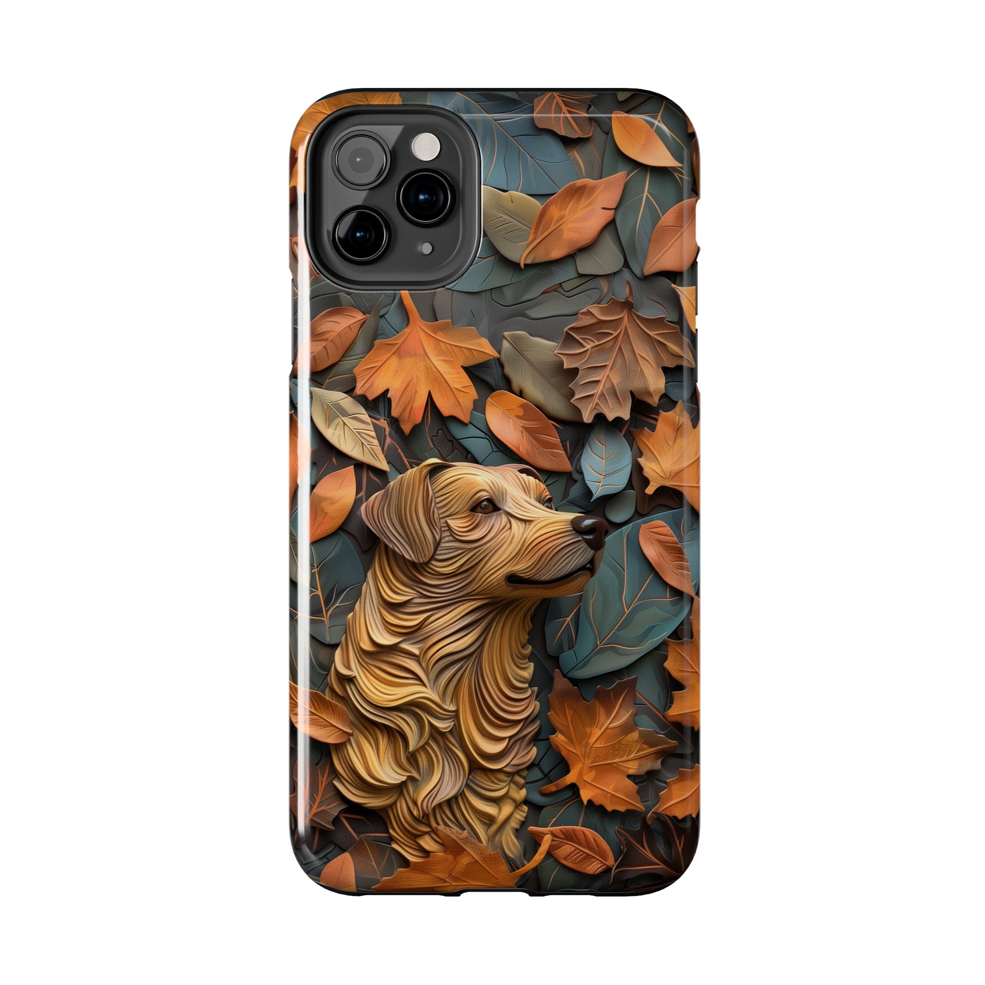 Dog and Autumn Leaves Wood Carving Design Dog iPhone Case - Tough Case - Pets on Merch